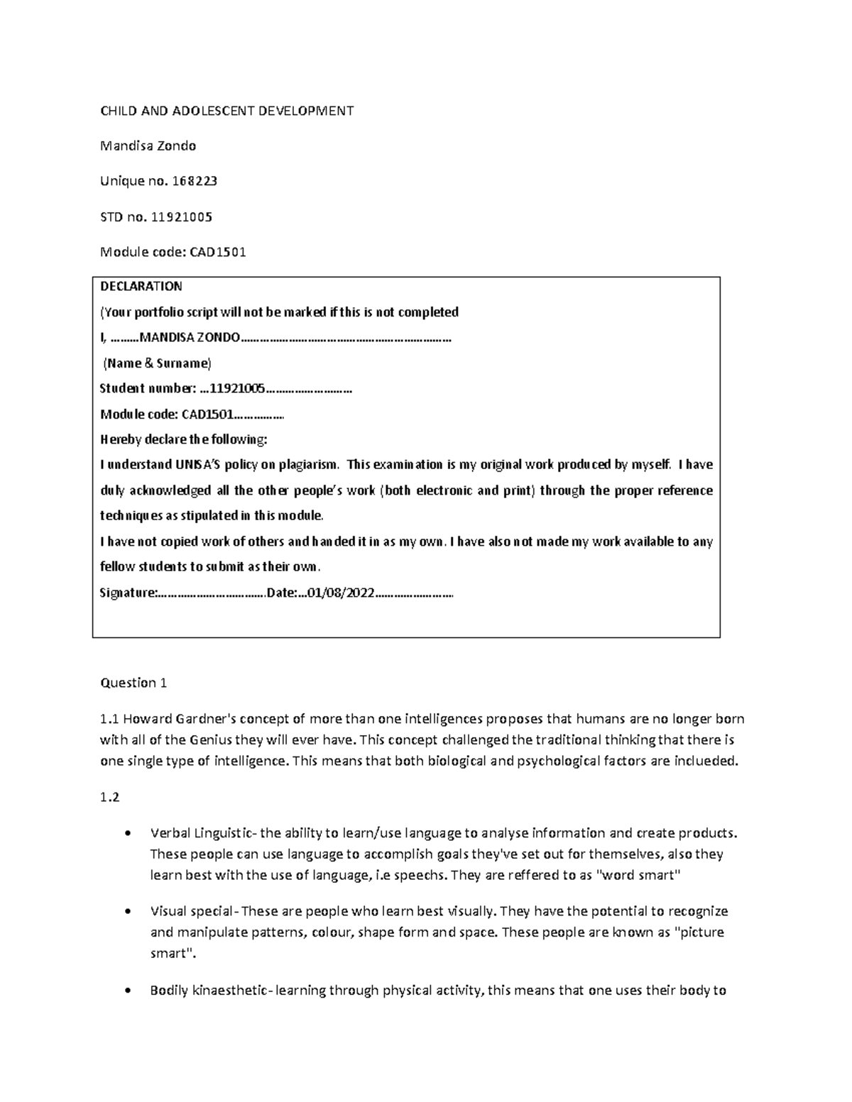 CAD1501 Child and Adolescent Development Assignment 4 Analysis - Studocu