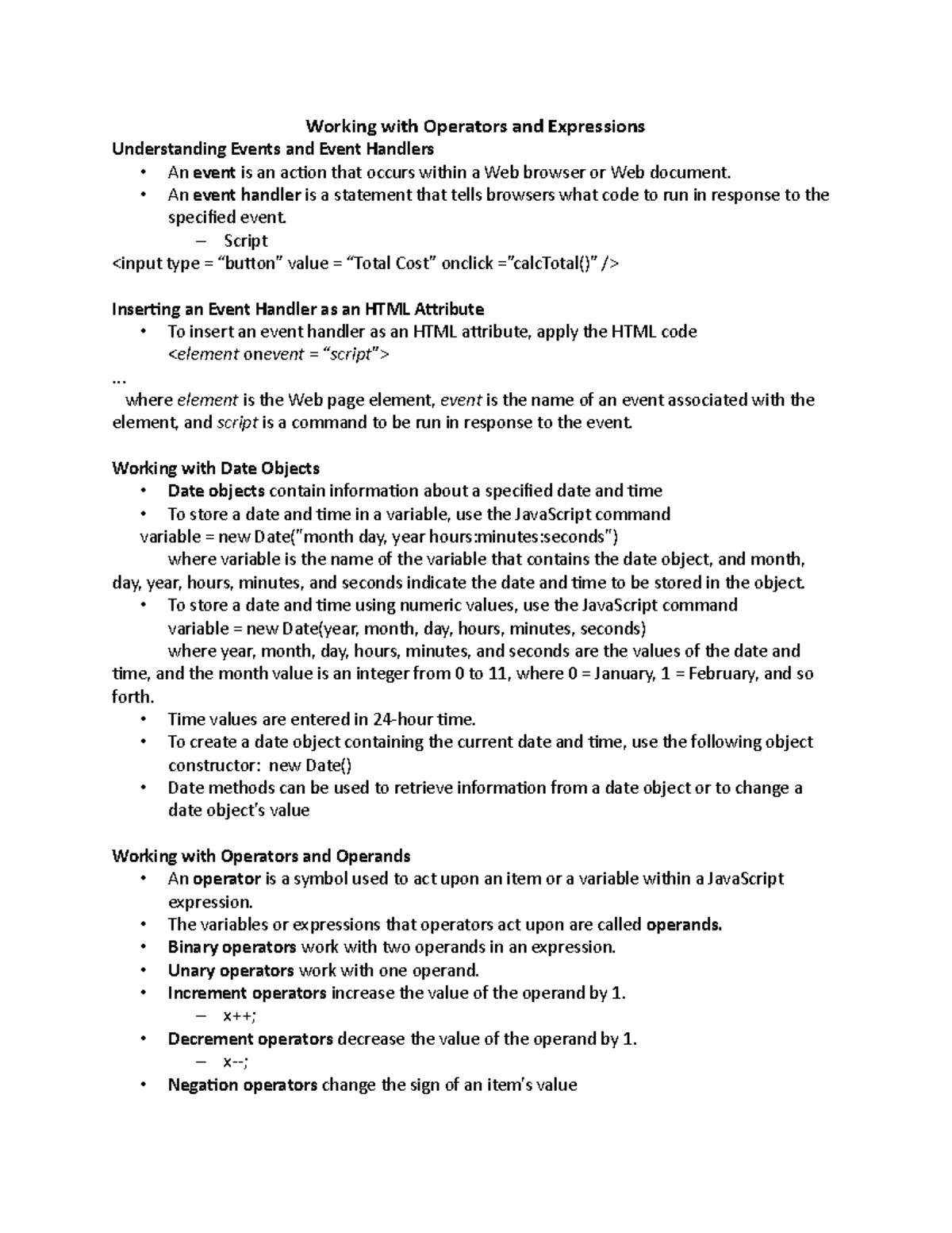 CS 210 Chapter 11: Operators, Expressions & Event Handling Notes - Studocu