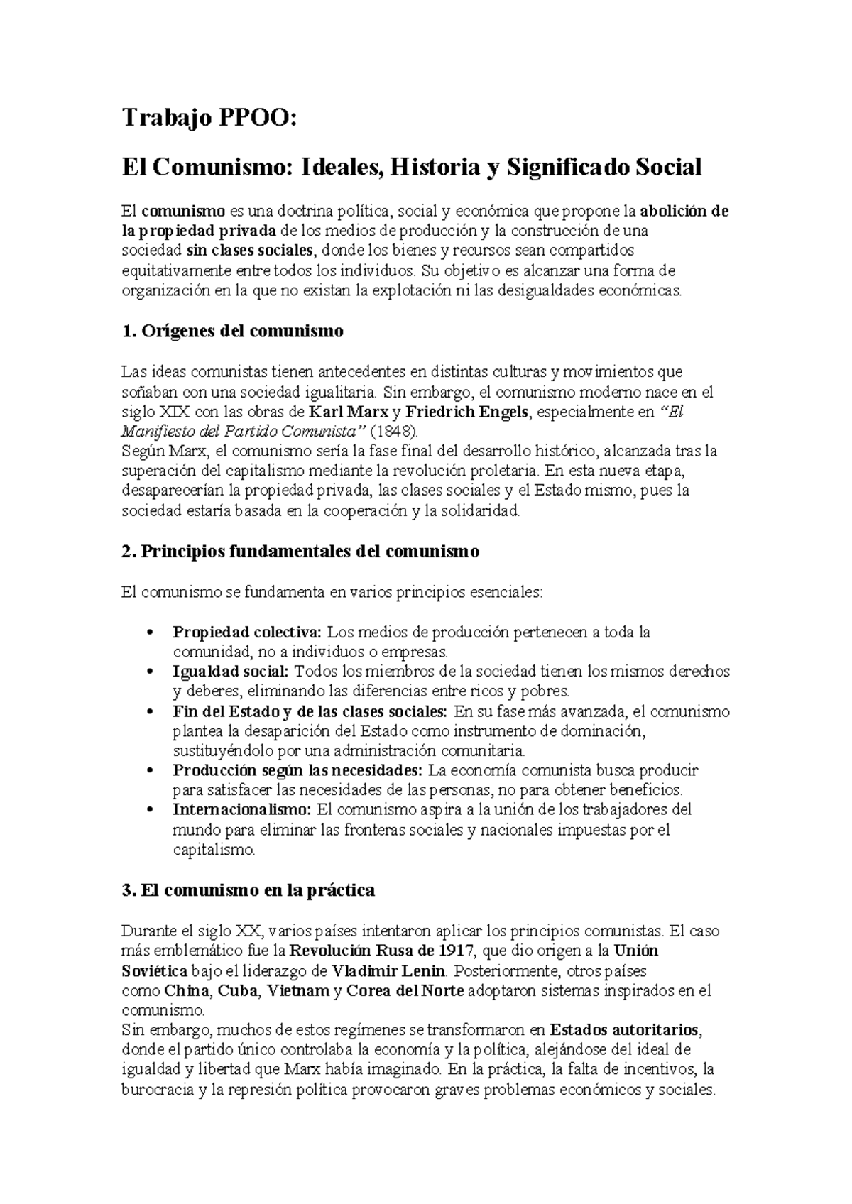 Trabajo PPOO 2: Comunismo - Ideales, Historia y Práctica Social - Studocu