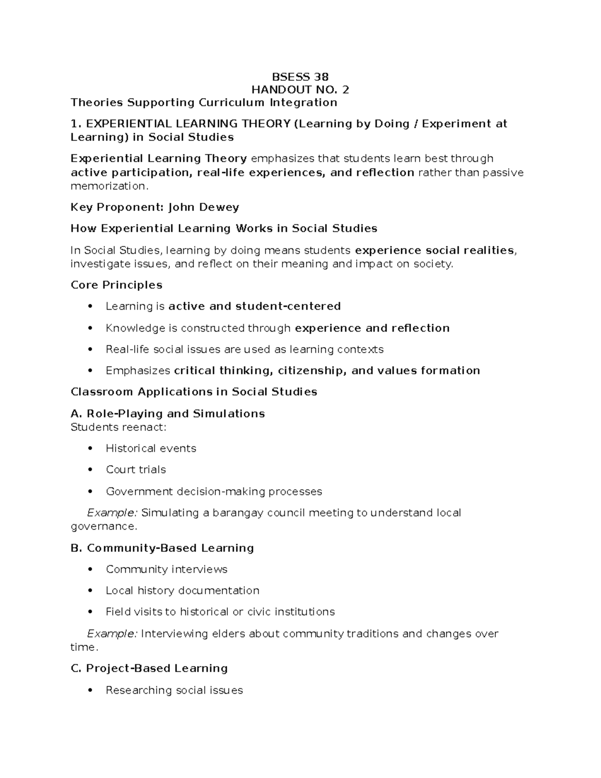 BSESS 38 Handout 2: Theories for Curriculum Integration in Social ...