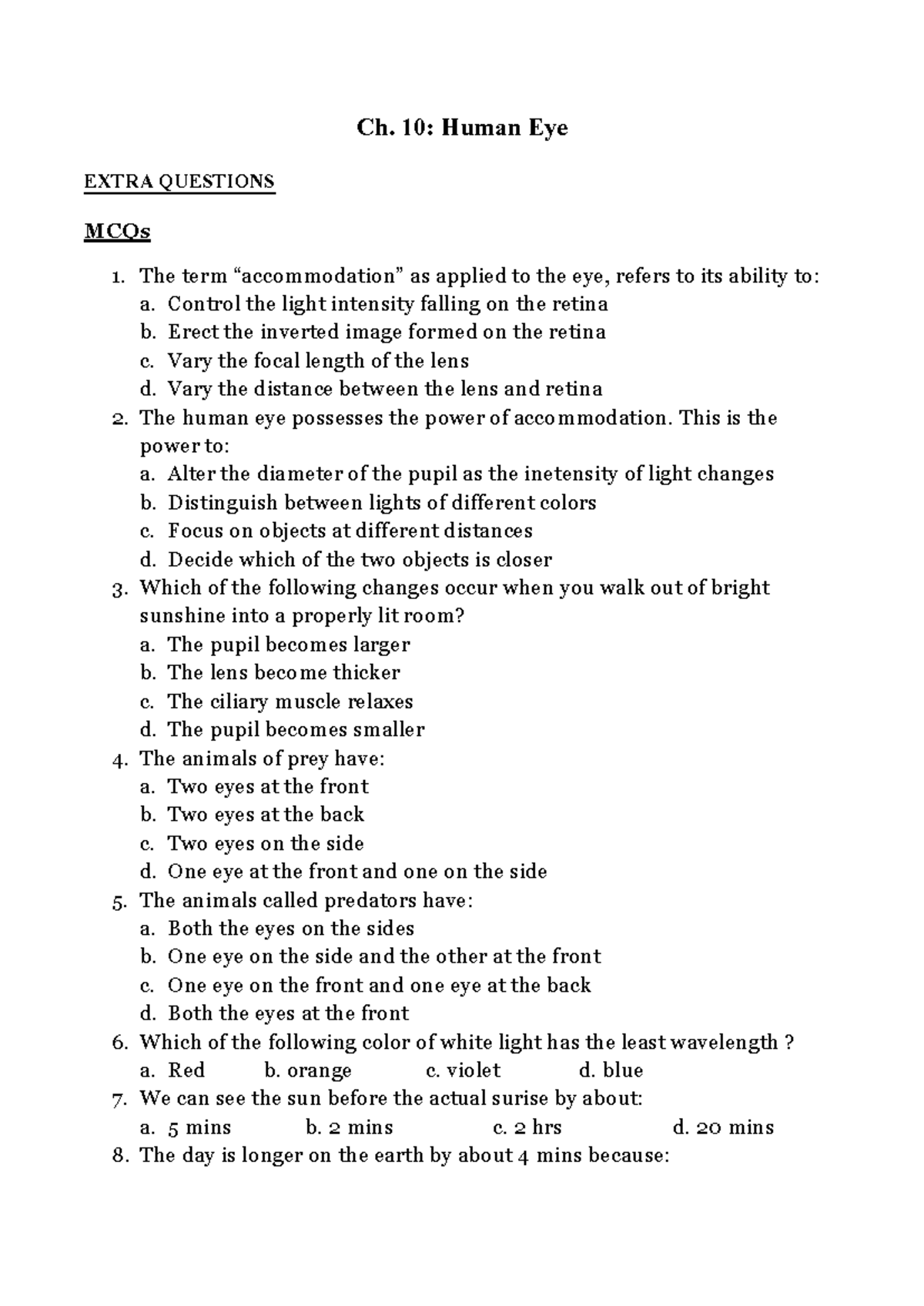 Ch. 10: Human Eye Extra Questions & MCQs for X 2025 - Studocu