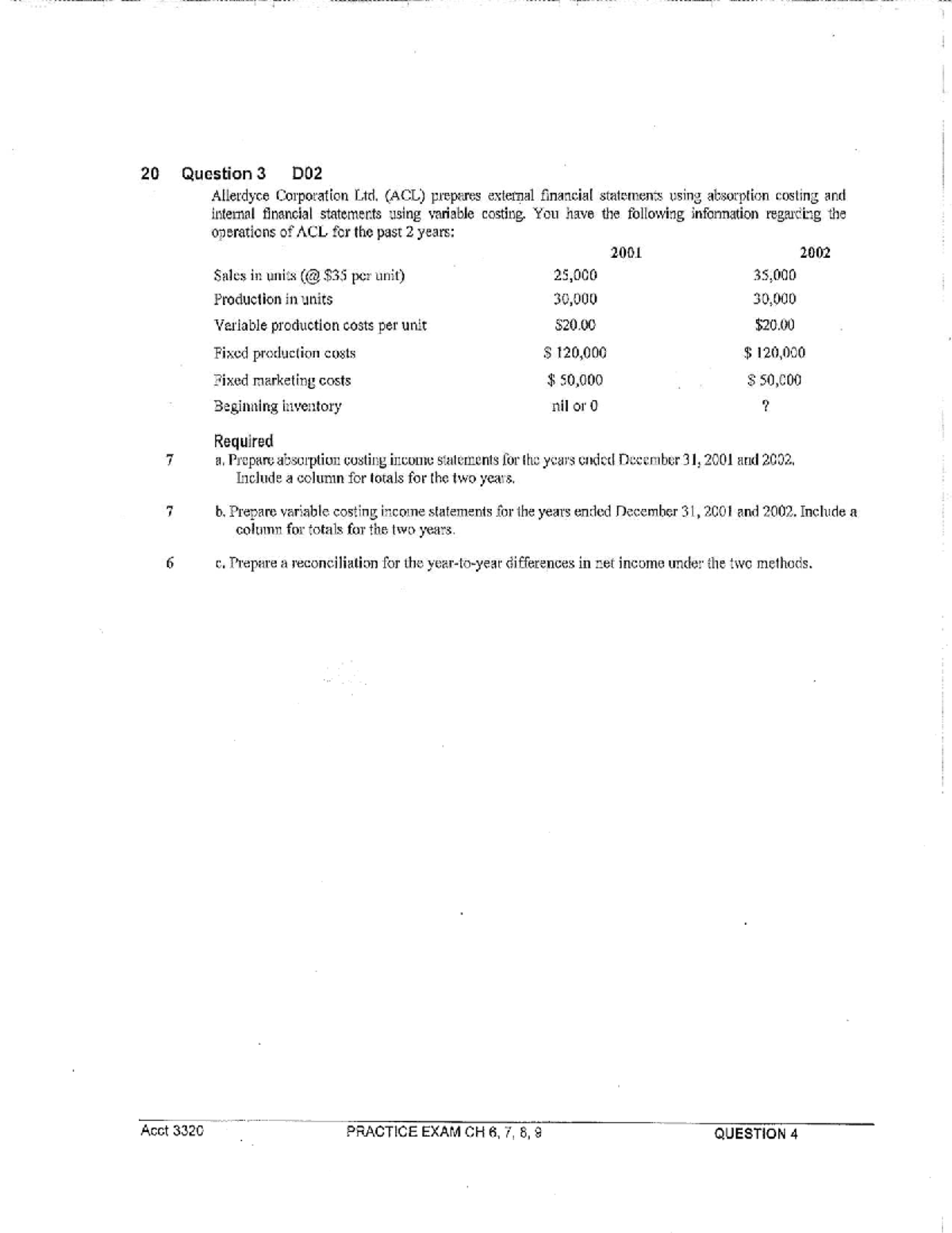 Acct 3320 Midterm Practice Exam: Absorption vs. Variable Costing - Studocu