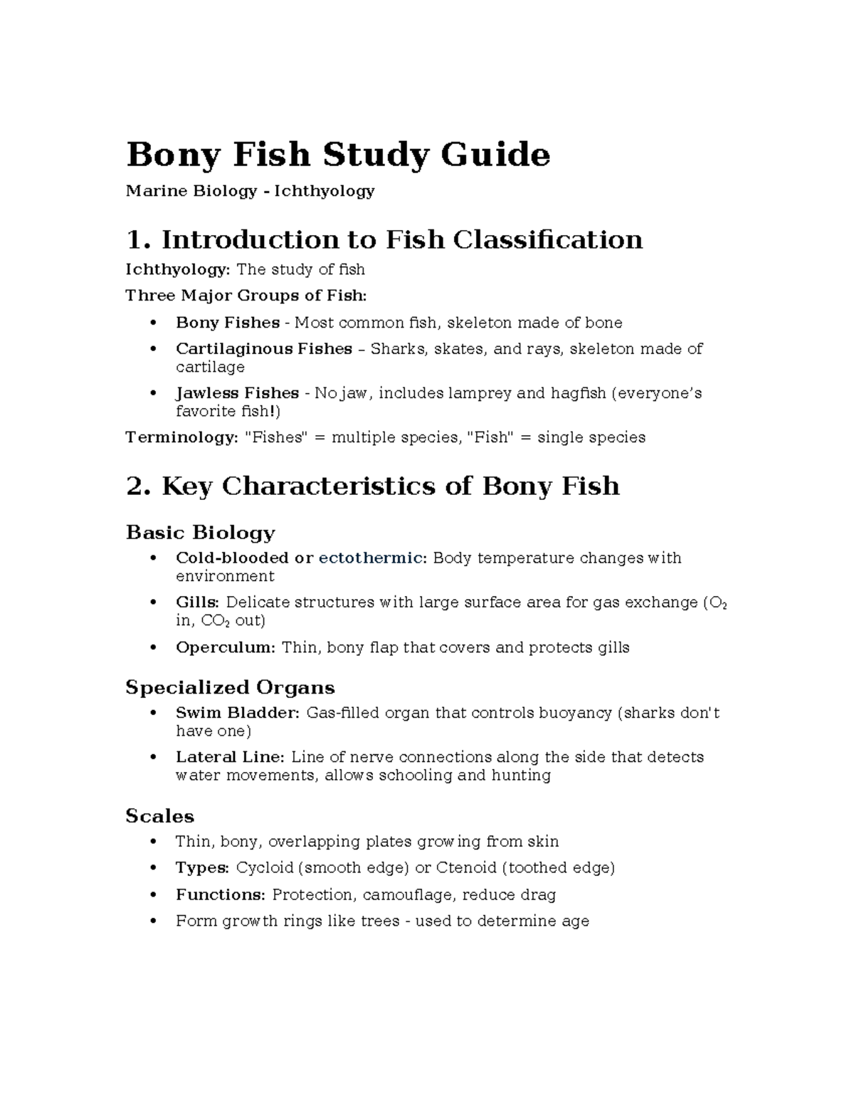 Bony Fish Study Guide - Marine Biology (Ichthyology) Overview - Studocu