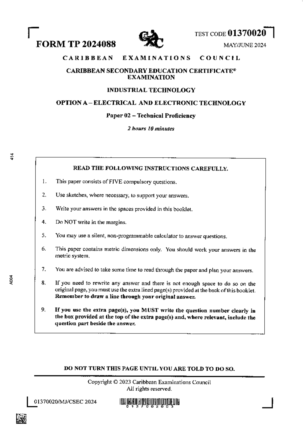 Electronics Paper 2 - CSEC Industrial Technology 2024 - Document Preview