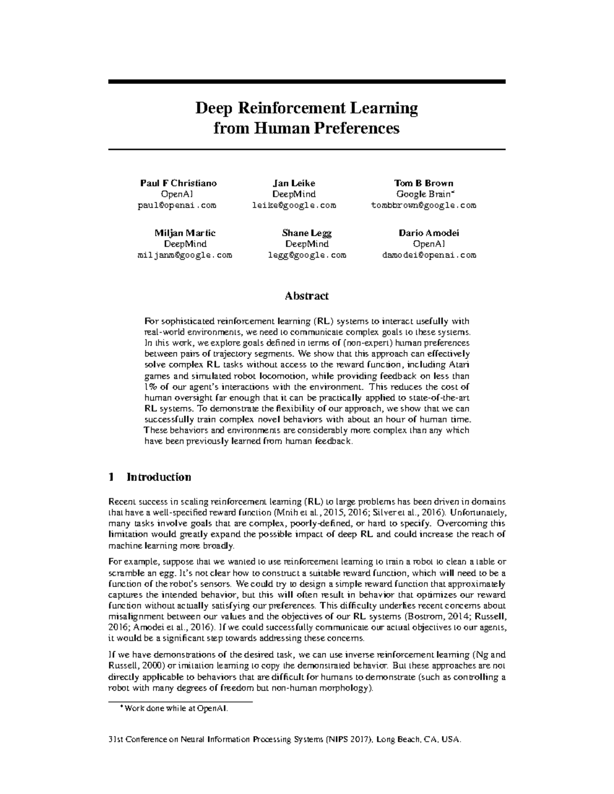 R6-Deep Reinforcement Learning from Human Preferences - NIPS 2017 - Studocu