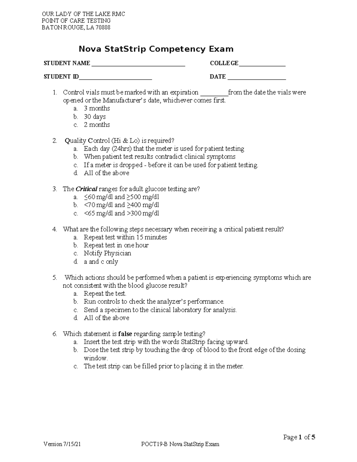 Nova StatStrip Competency Exam - Student Edition (Point of Care Testing ...