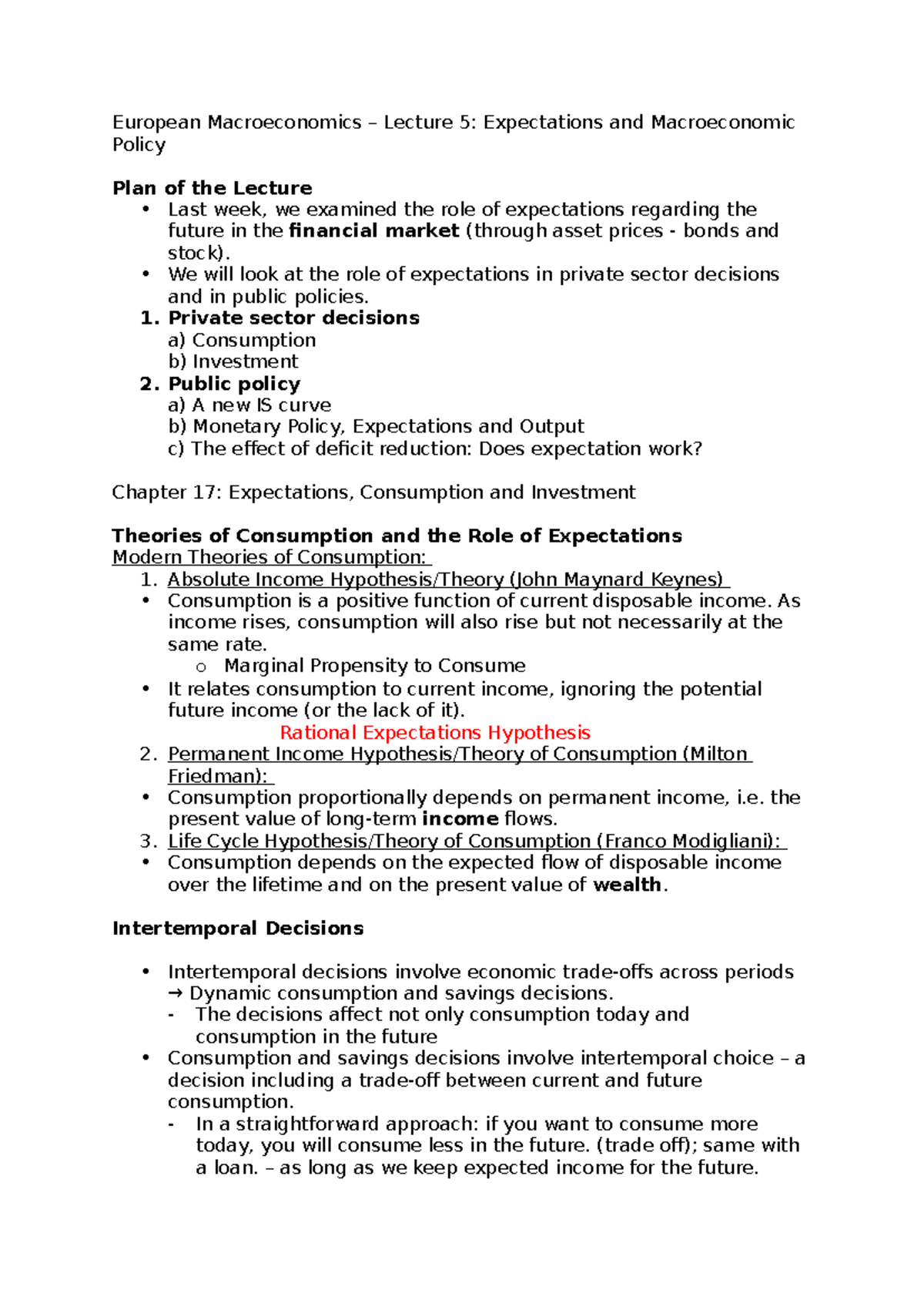 EM 202: European Macroeconomics Lecture 5 - Expectations & Policy Notes ...
