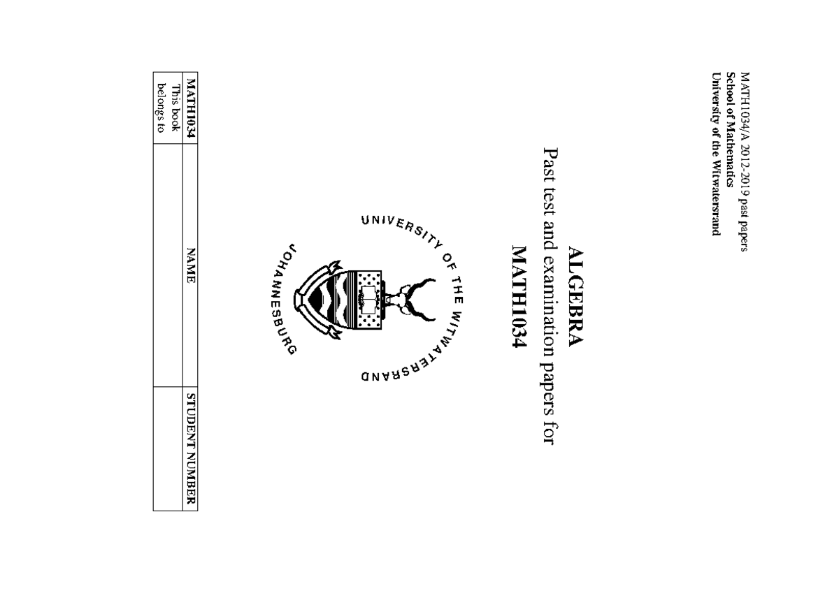 Algebra MATH1034A Past Test & Exam Papers - School of Mathematics - Studocu