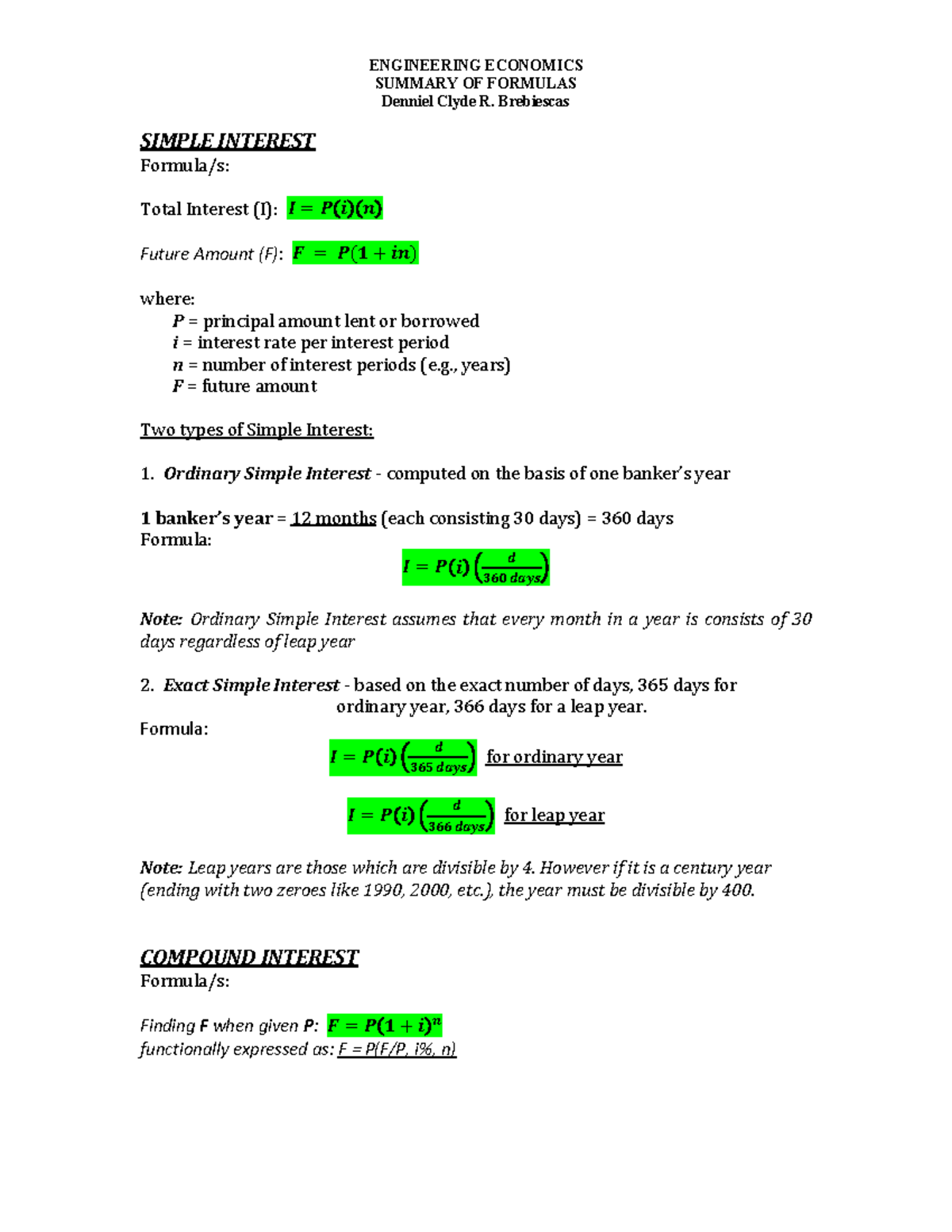 Summary of Formulas in Eng Economics (ENG101) - Interest Calculations ...
