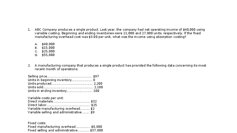 Strat COST - Quiz 2 - Notes on Absorption vs. Variable Costing - Studocu