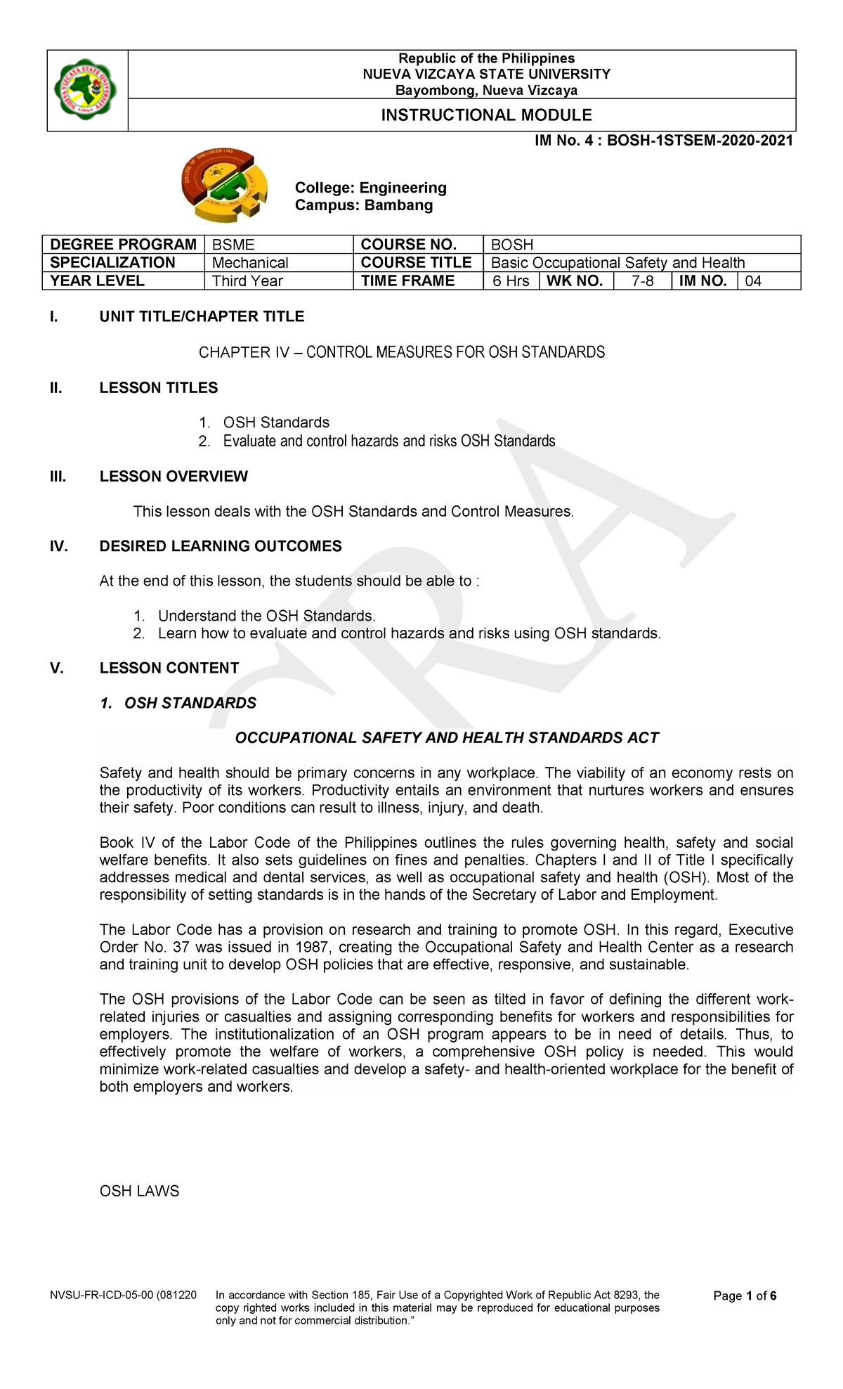 BOSH 1ST SEM MODULE 4: OSH Standards and Control Measures - Studocu