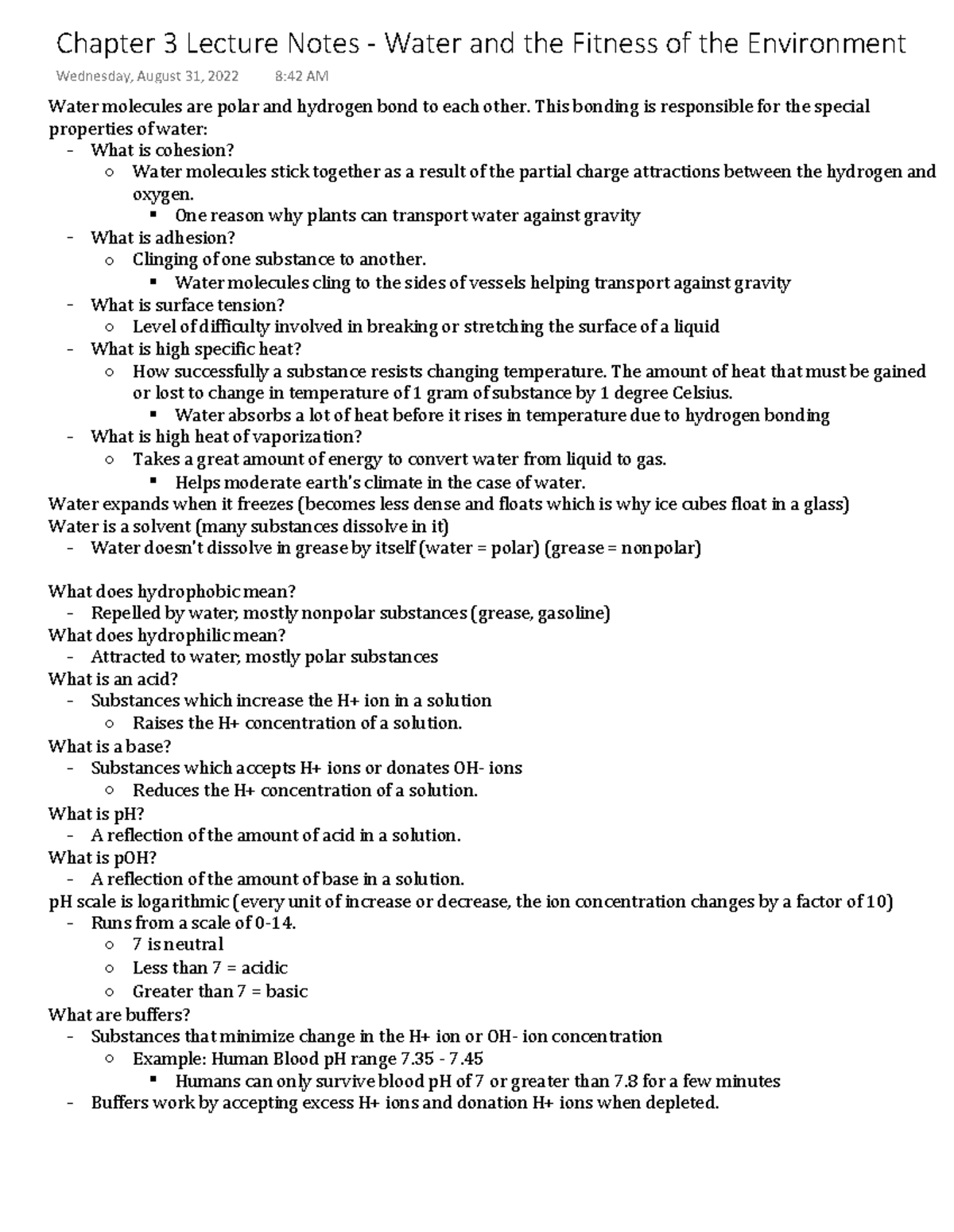 Chapter 3 Lecture Notes - Water and the Fitness of the Environment ...