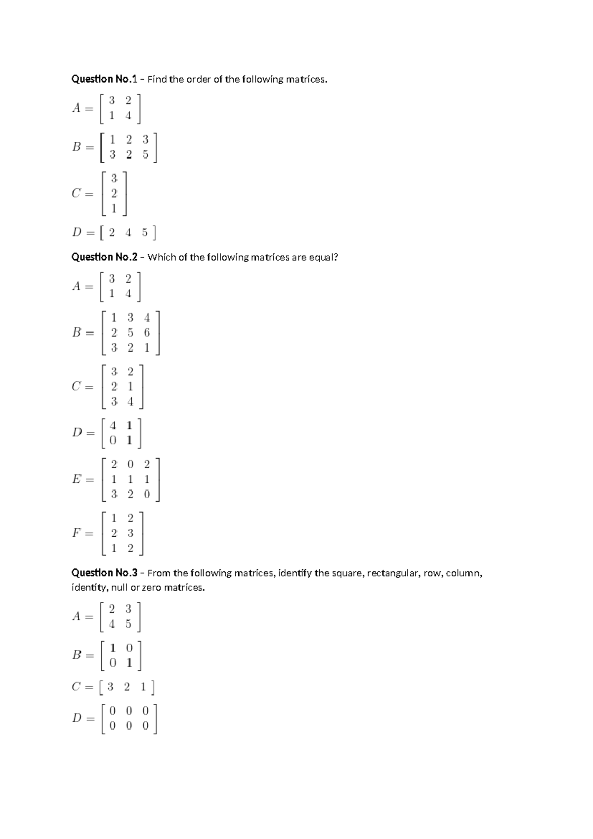 Exercise for matrices - Computerr Science - Question No – Find the ...