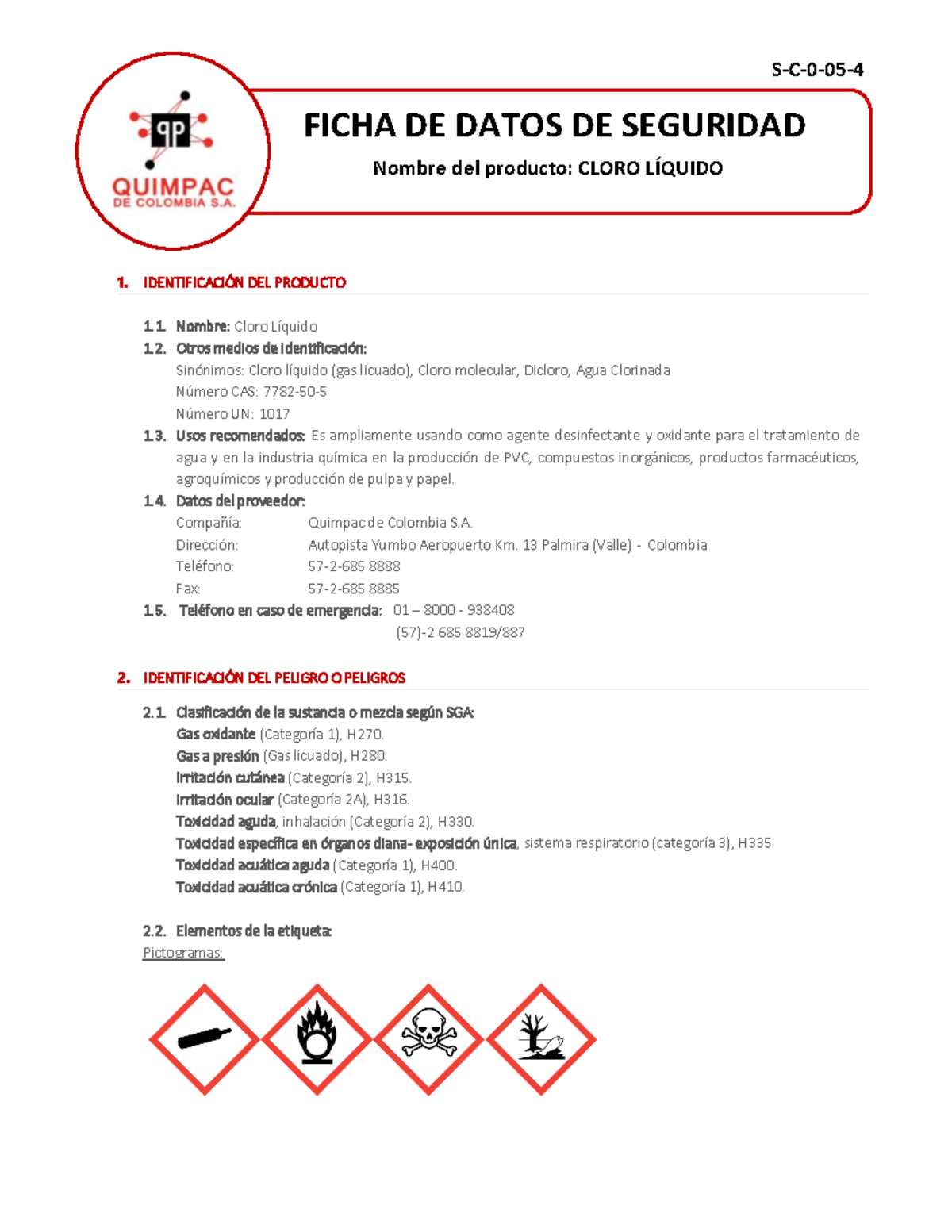 Ficha de Seguridad del Cloro Líquido S-C-0-05 para Usos y Peligros - Document Preview