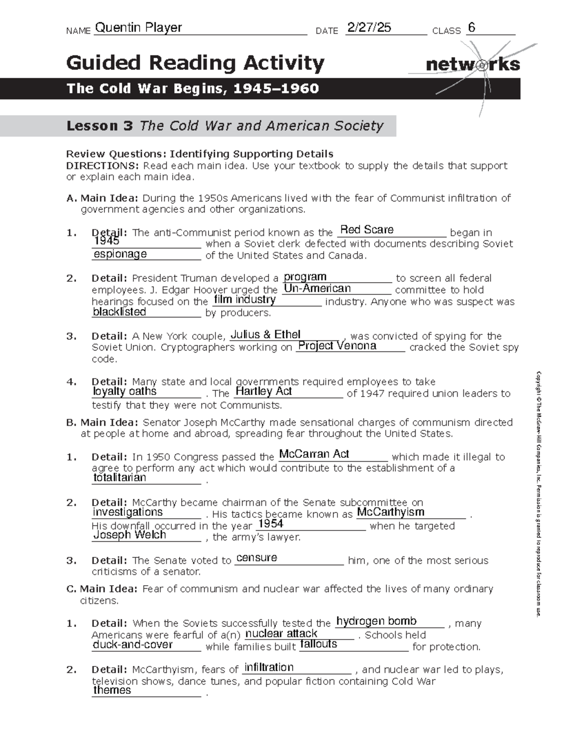 Guided Reading Activity: The Cold War Begins (1945-1960) - Lesson 3 ...