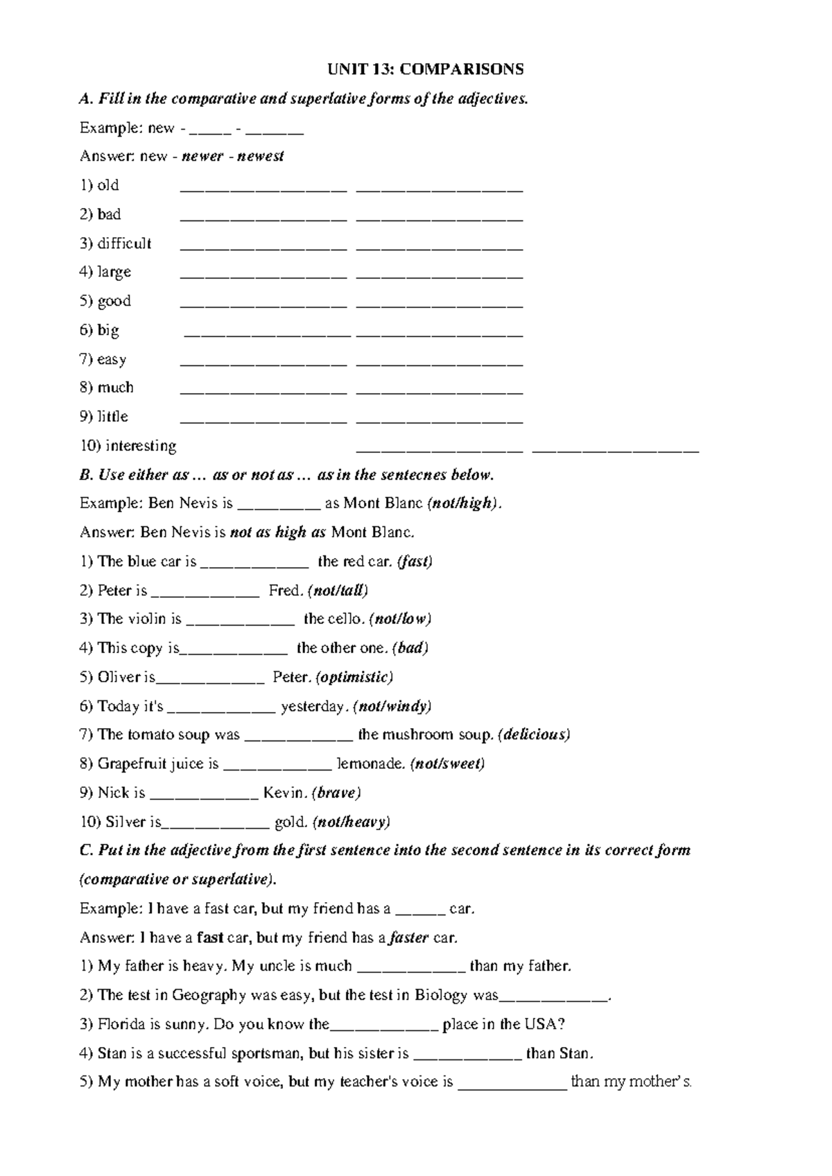 UNIT 13: COMPARISONS - Comparative & Superlative Exercises for English ...