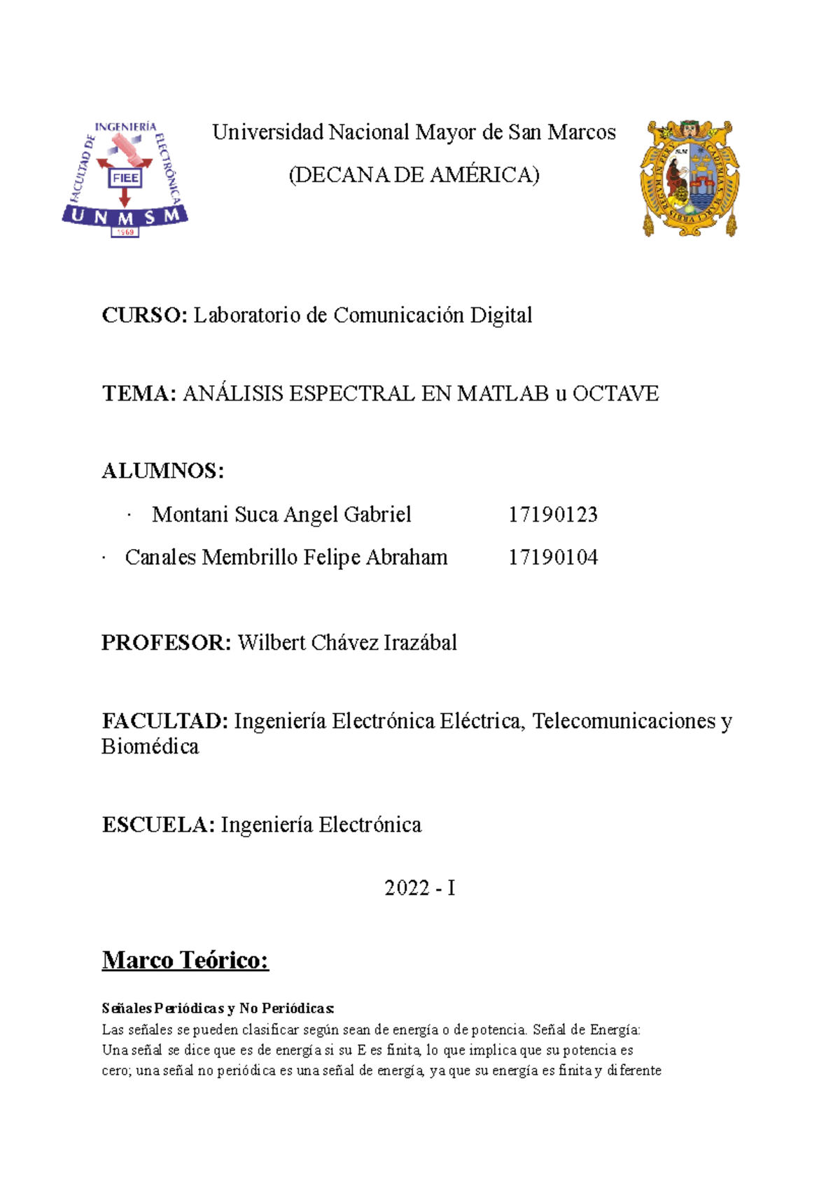 Informe 2 CD L14 - Análisis Espectral y Filtrado en MATLAB/OCTAVE - Document Preview
