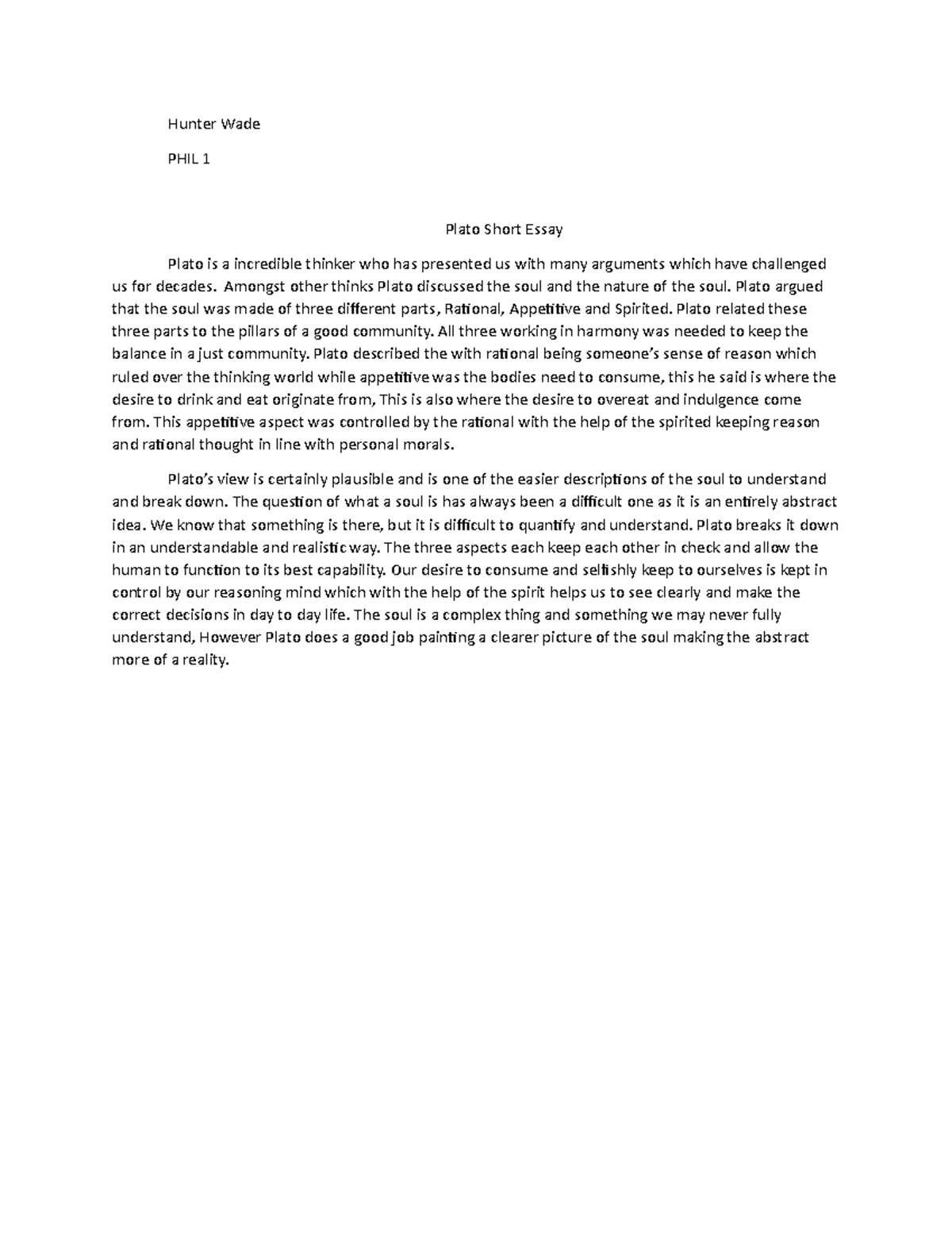 Plato's View on the Soul: PHIL 1 Essay by Hunter Wade - Studocu