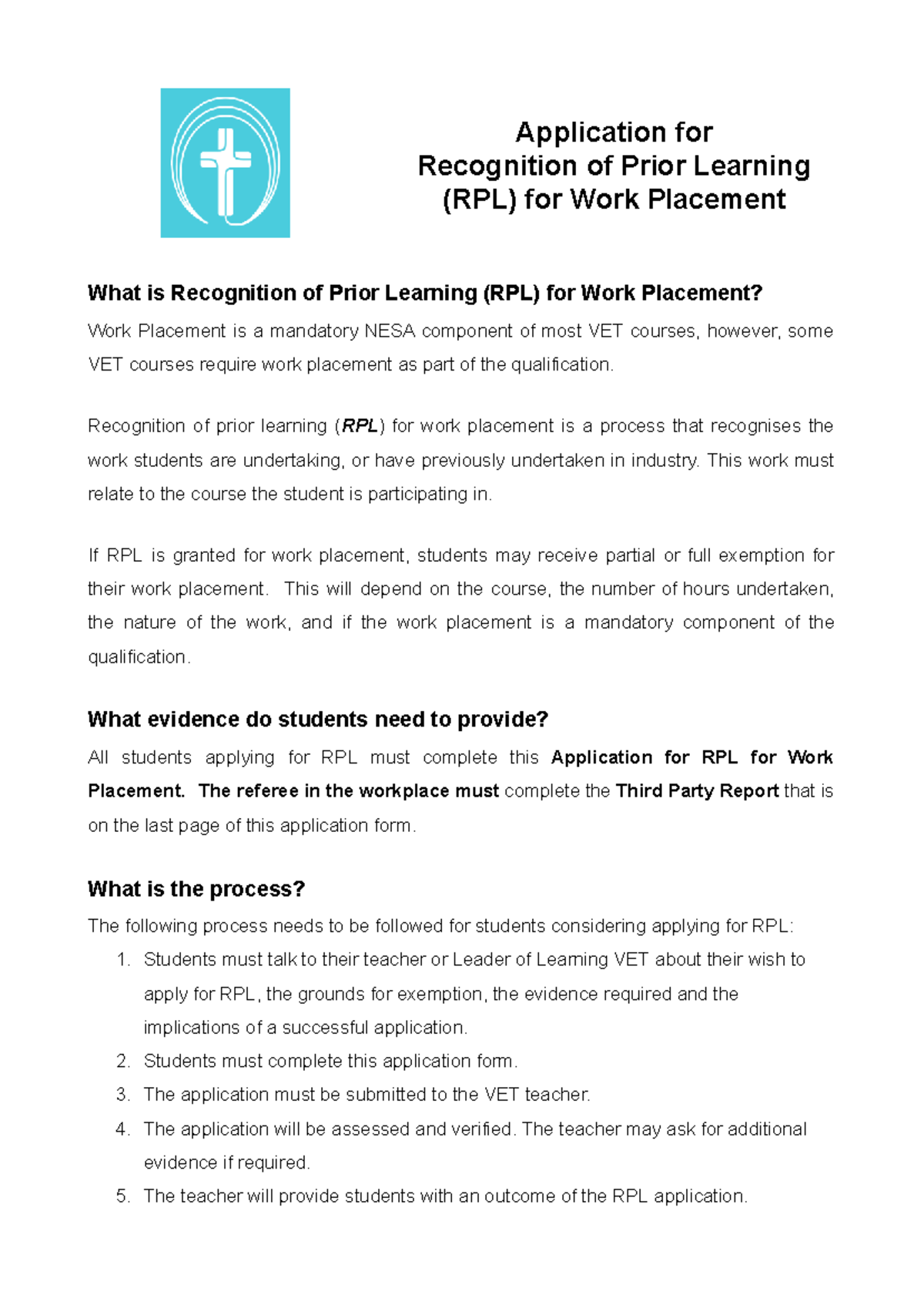RPL Application for VET Work Placement (Recognition of Prior Learning ...