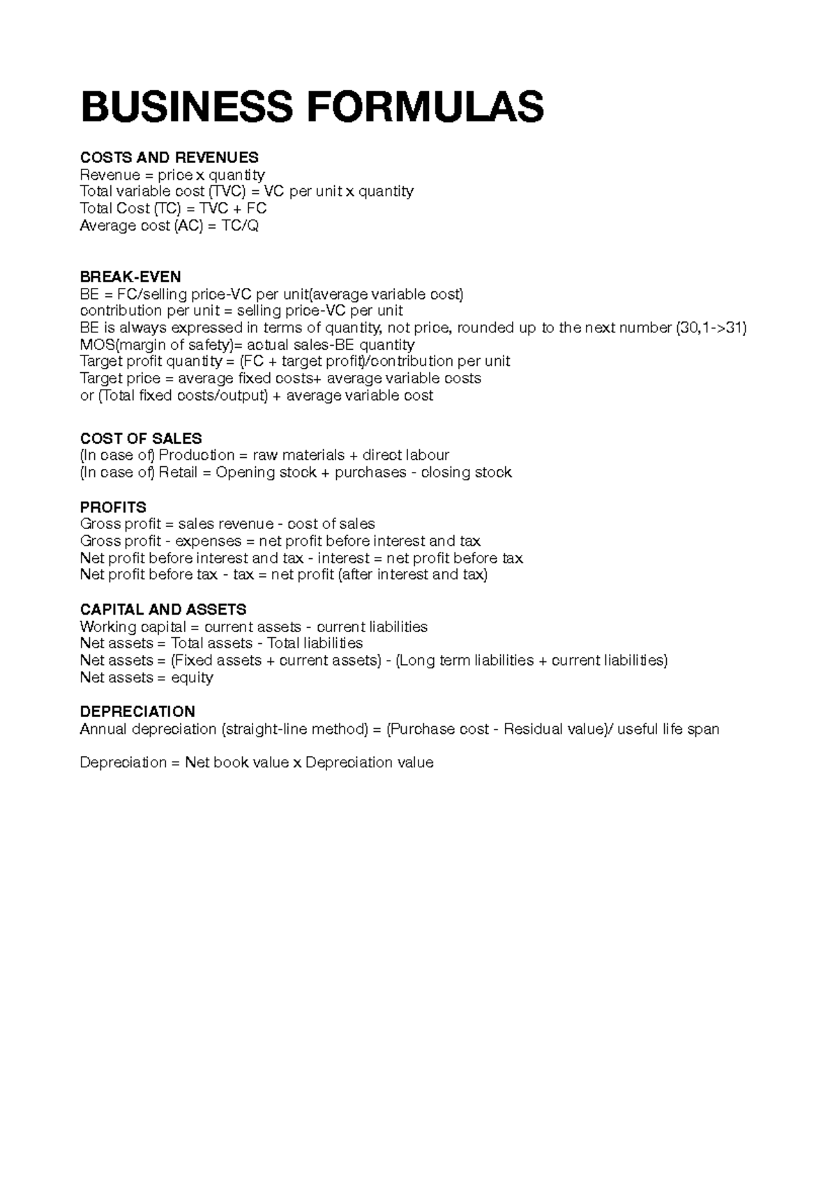 Business formulas - BUSINESS FORMULAS COSTS AND REVENUES Revenue ...