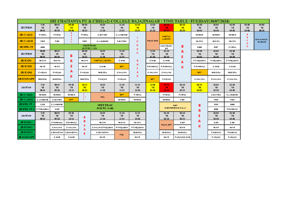 Time Table for RJNR on Tuesday (30-07-2024) - Full Schedule - Studocu