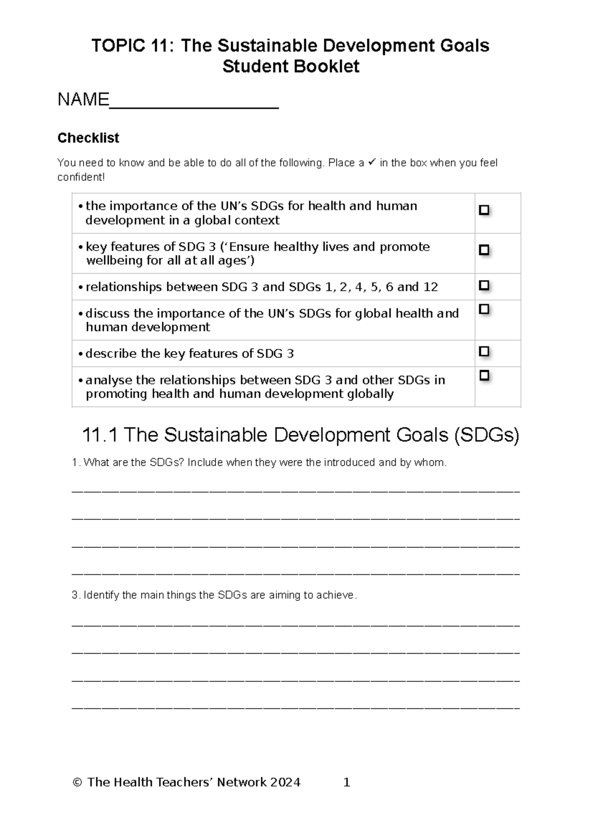 Topic 11: The Sustainable Development Goals (SDGs) Student Workbook ...