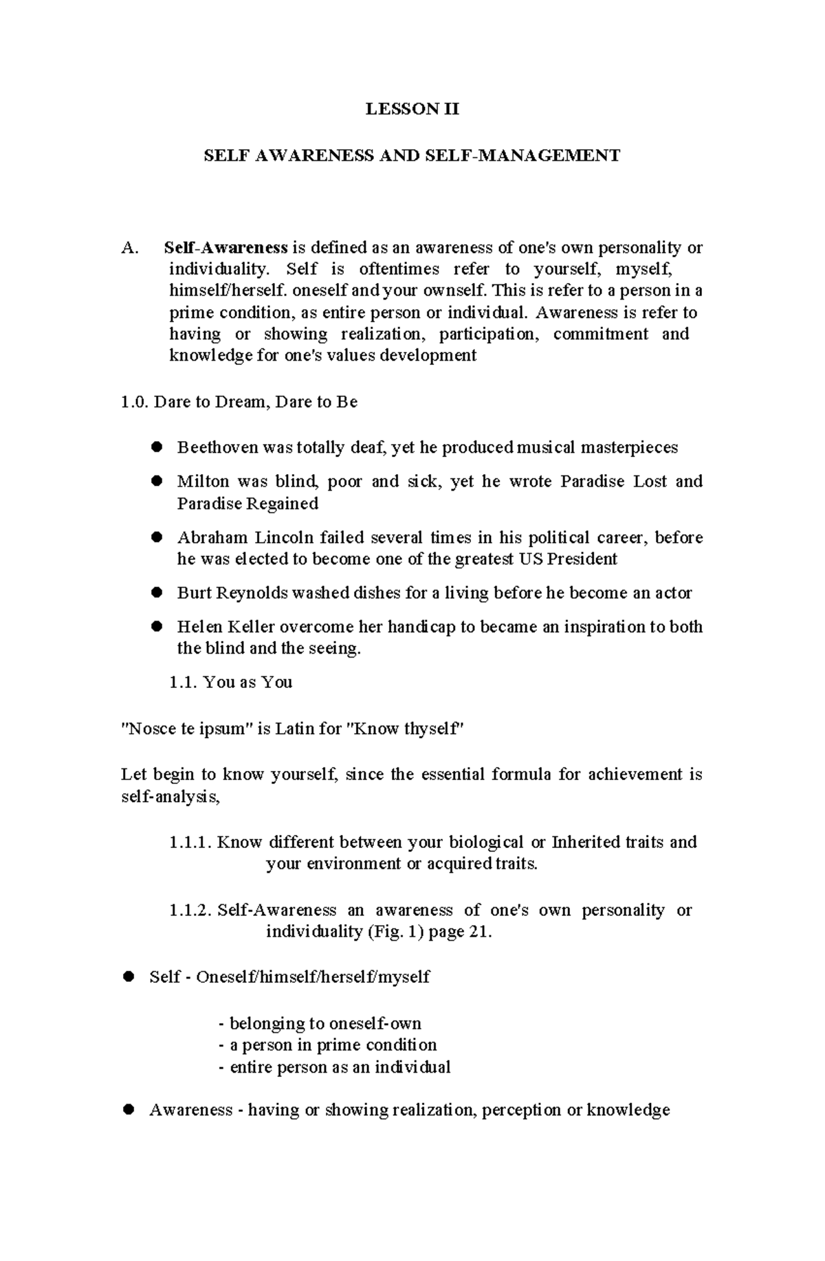 Self Awareness & Self Management - Lesson II Notes - Studocu