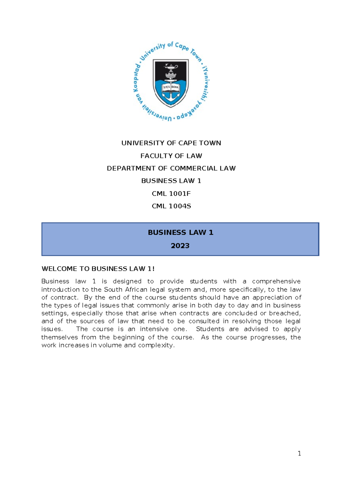 CML 1001F/CML 1004S Business Law 1 Course Outline & Important Info 2023 ...