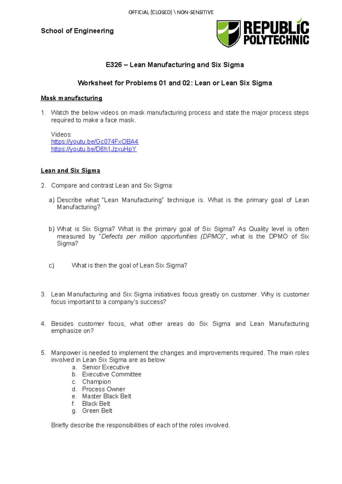 E326 Lean Manufacturing & Six Sigma Worksheet: Key Concepts ...