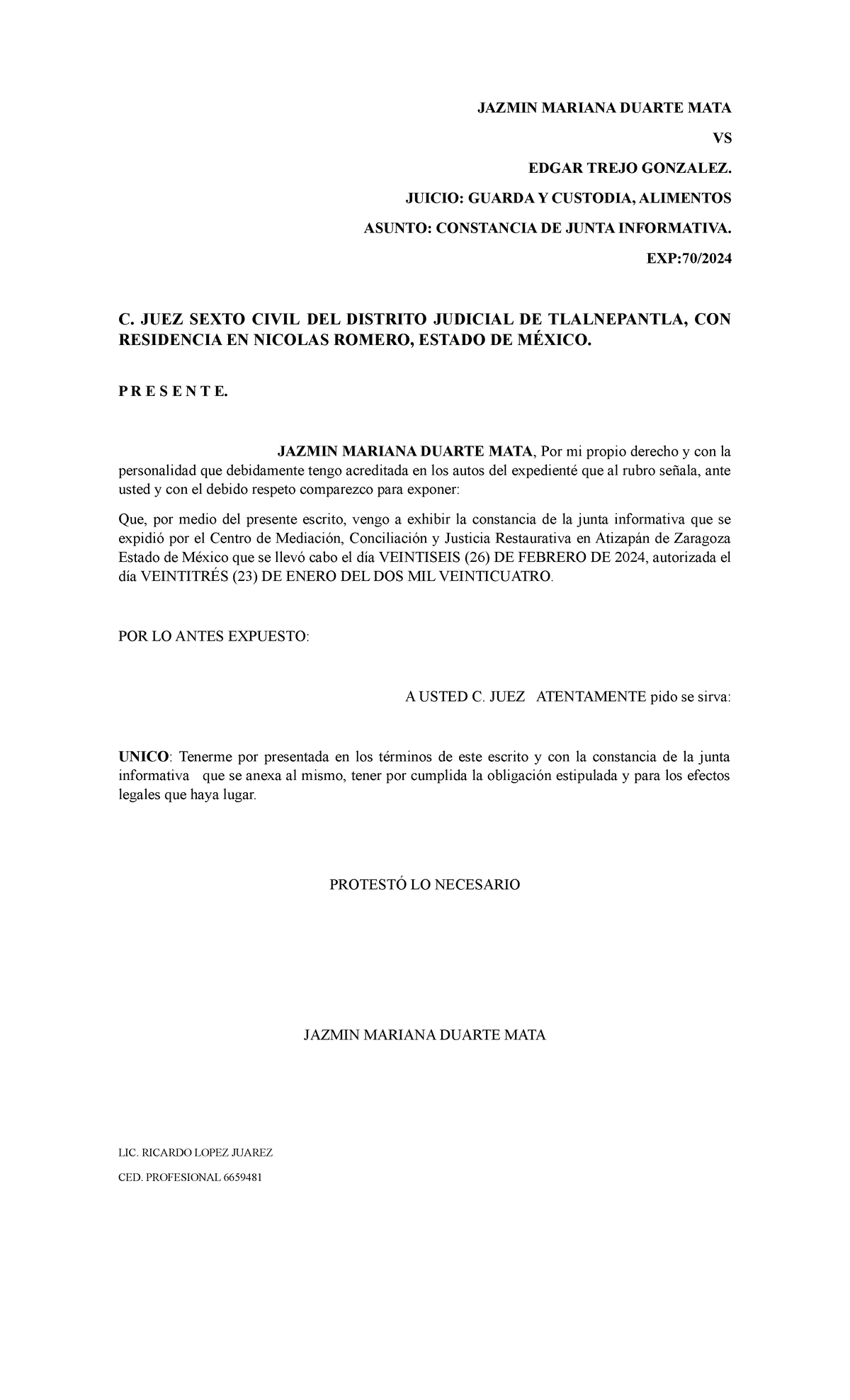 Constancia de Junta Informativa en Caso 70/2024 ante Juez Civil - Studocu