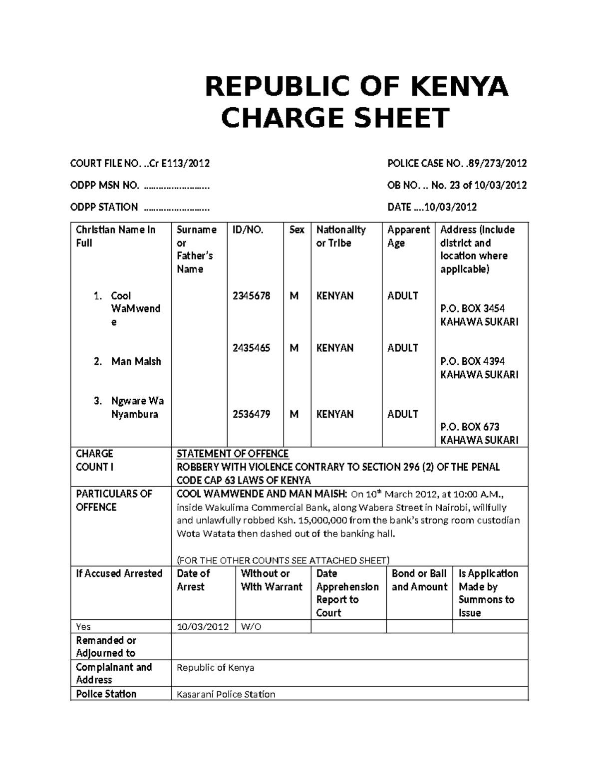 Charge Sheet: Robbery with Violence - Case No. 23 of ODPP - Studocu