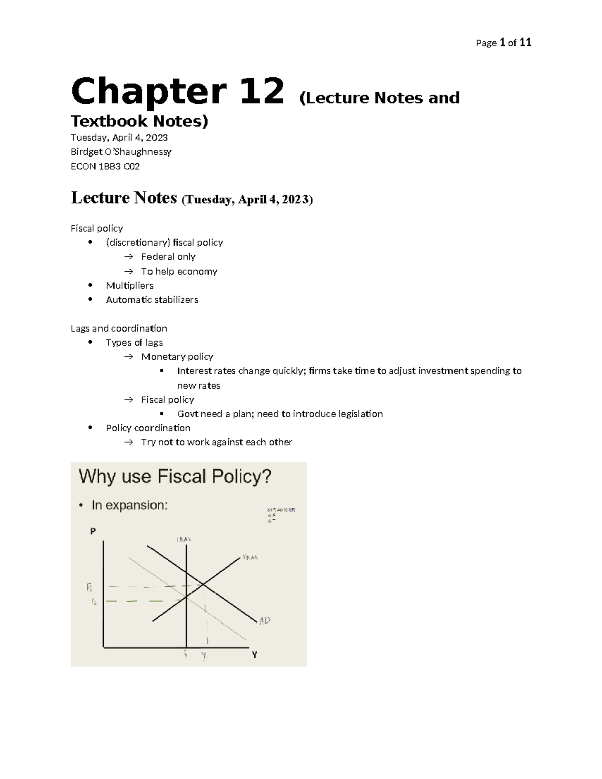 ECON 1BB3 C: Chapter 12 Lecture & Textbook Notes on Fiscal Policy - Studocu