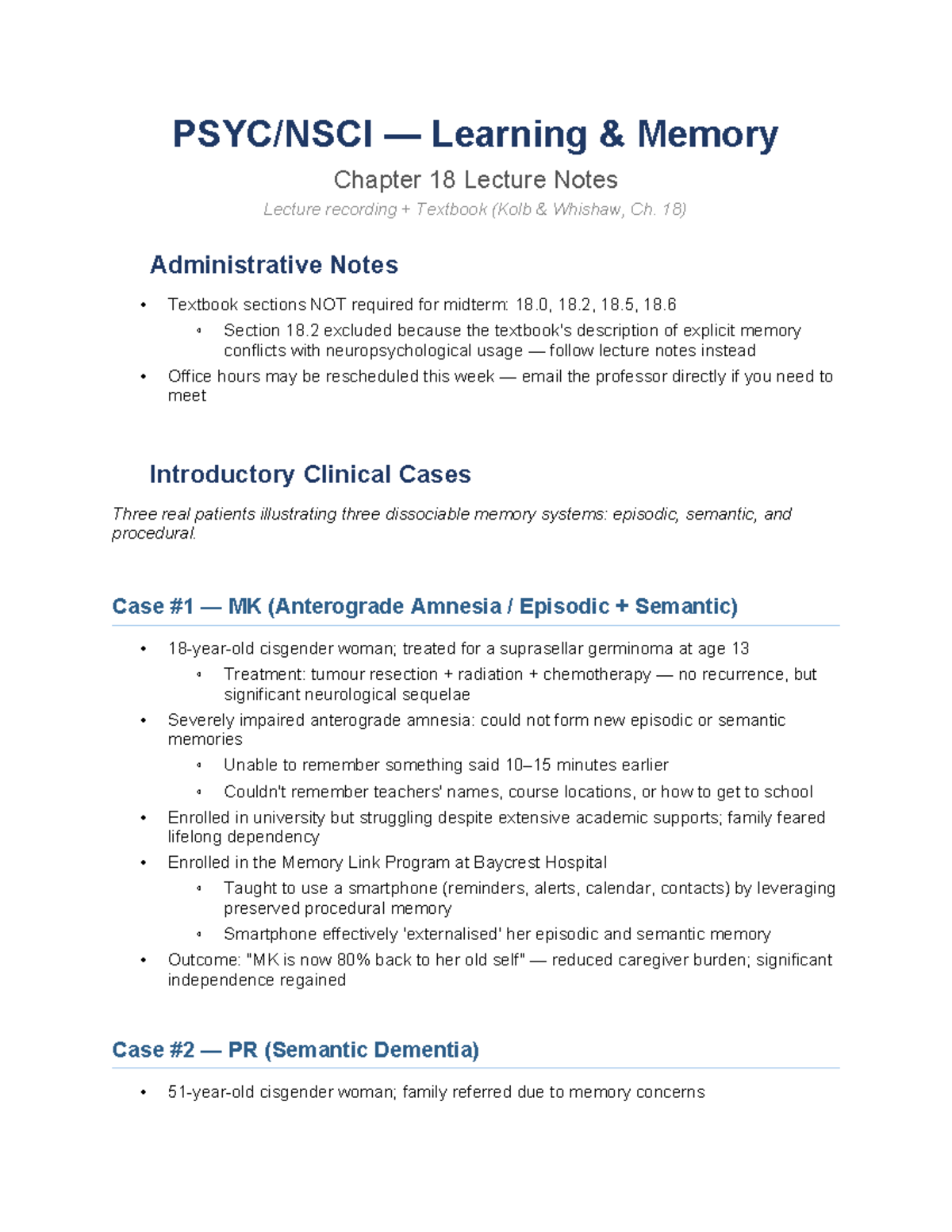 Memory Systems and Clinical Cases: Lecture Notes (PSY 101) - Studocu