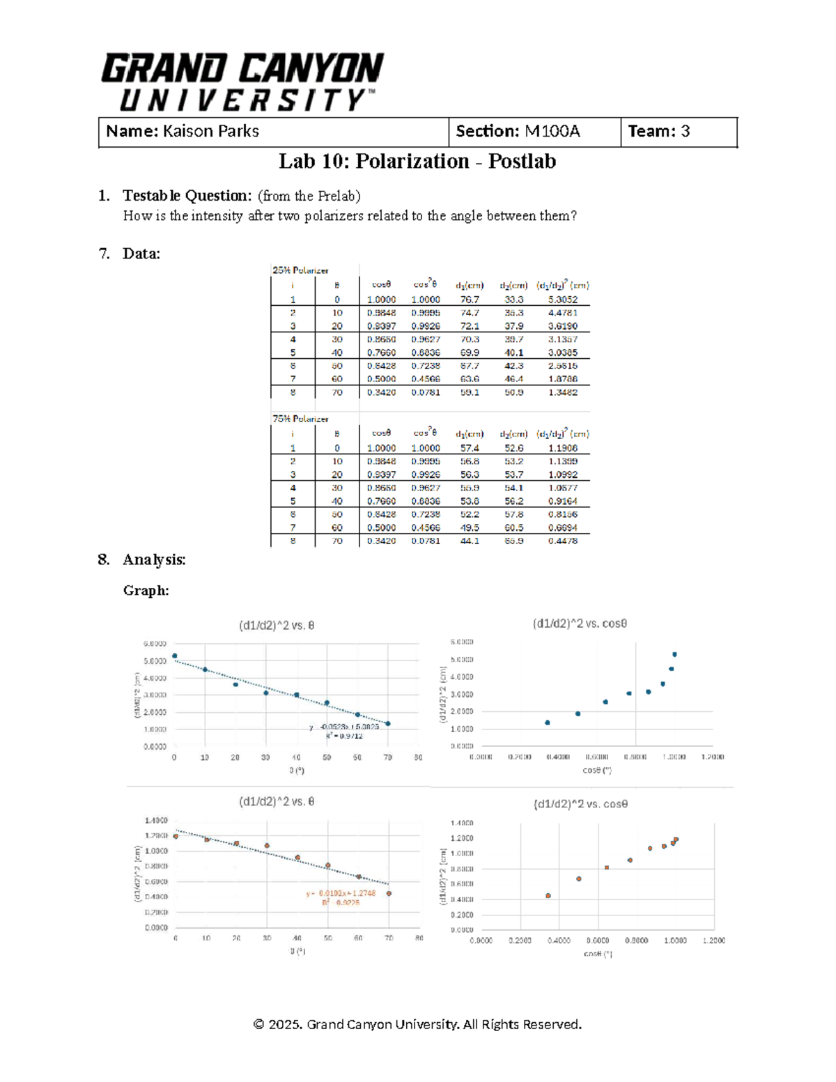 PHY112L M100A Lab 10: Polarization Postlab Analysis and Results - Studocu