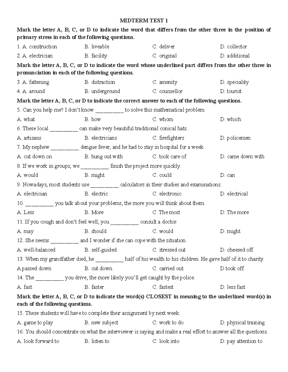 Midterm TEST 1 - Stress and Pronunciation Practice - Studocu