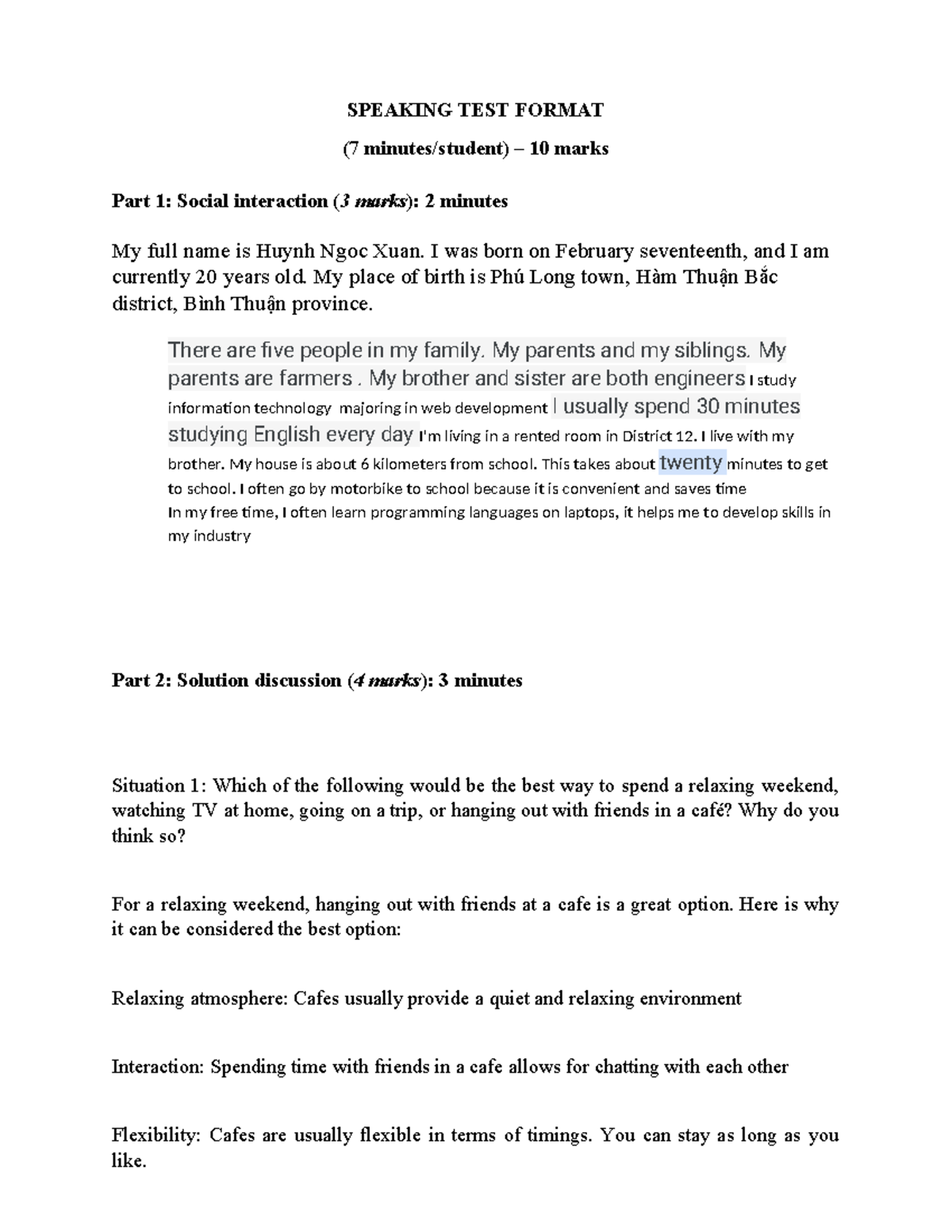 Nói av - aaa - SPEAKING TEST FORMAT (7 minutes/student) – 10 marks Part ...