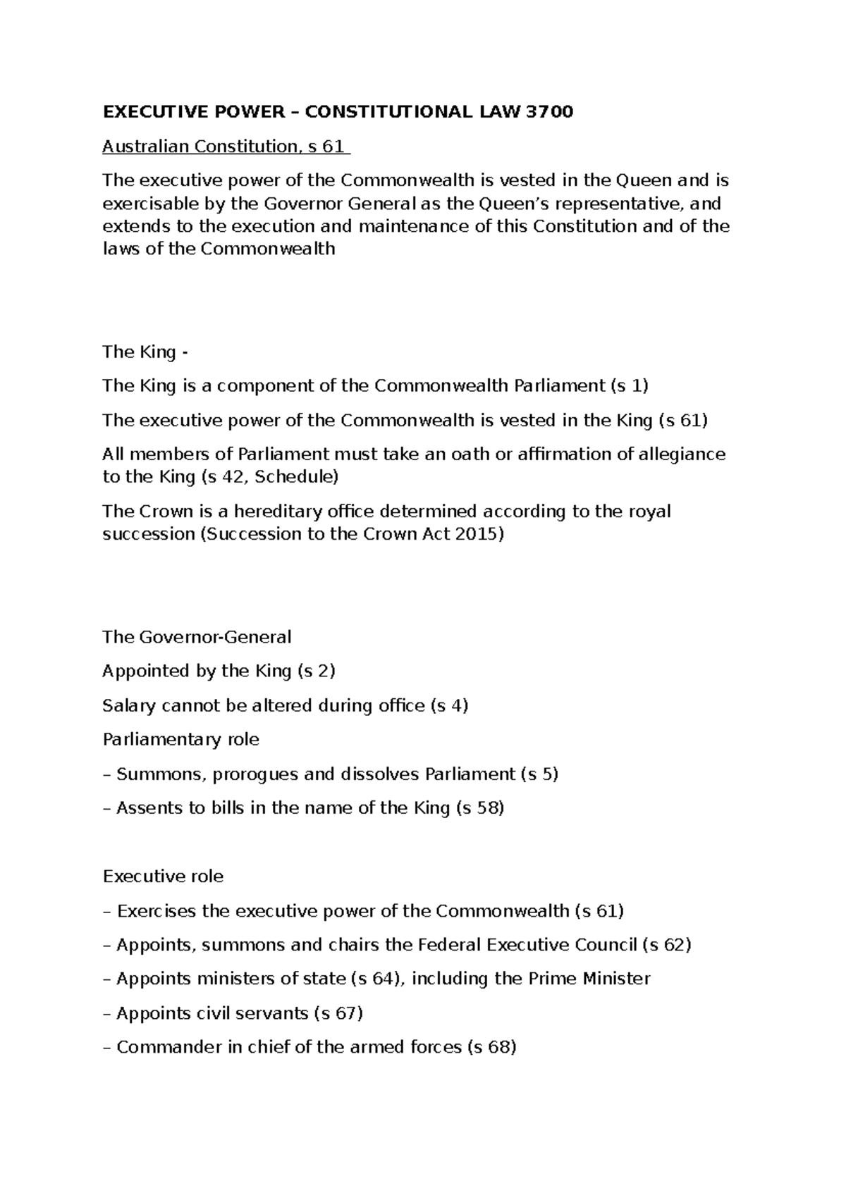 Executive Power in Australian Constitutional Law 3700: Key Concepts and ...