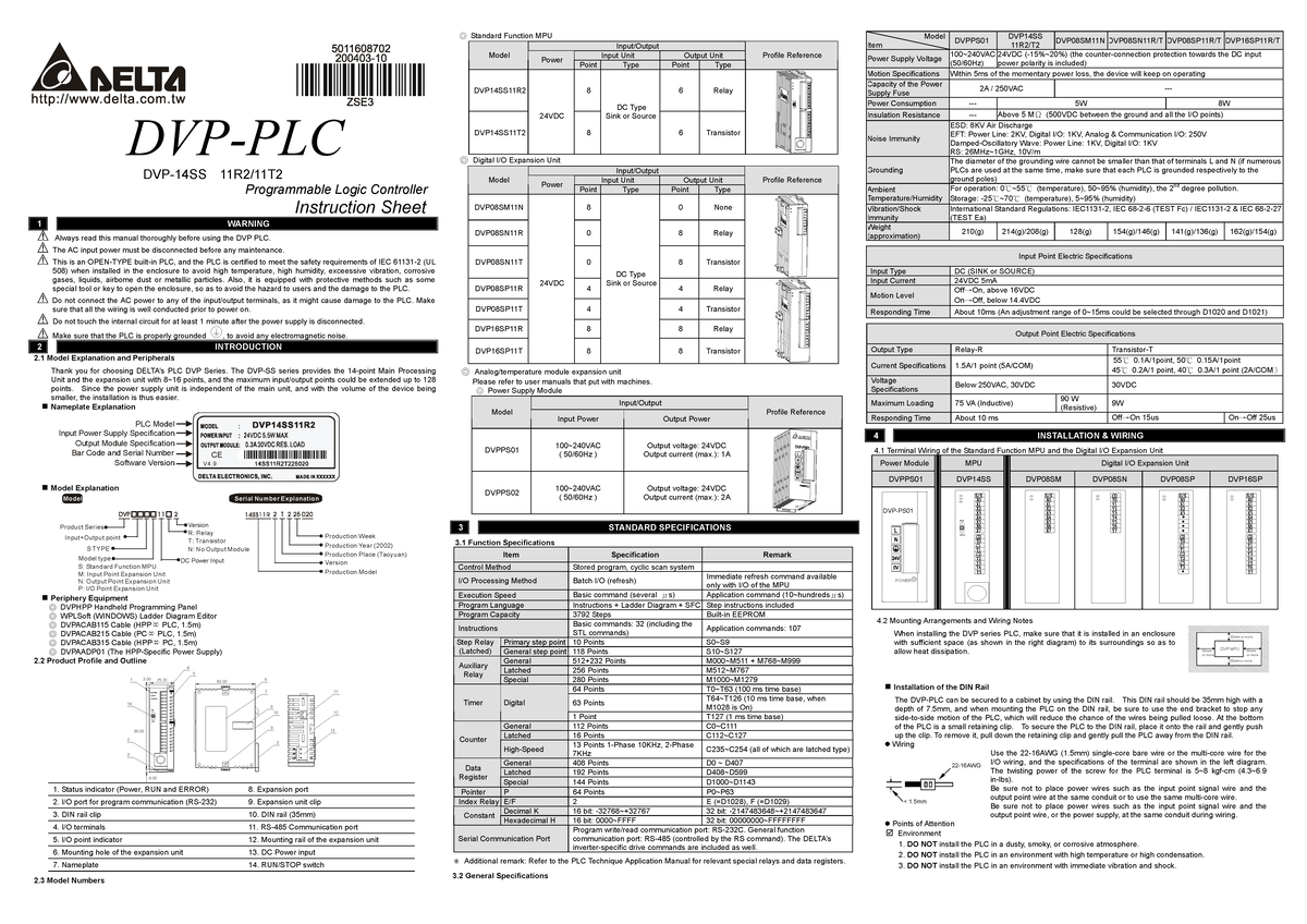 DVP-PLC Standard Function MPU Model Instruction Manual - Studocu