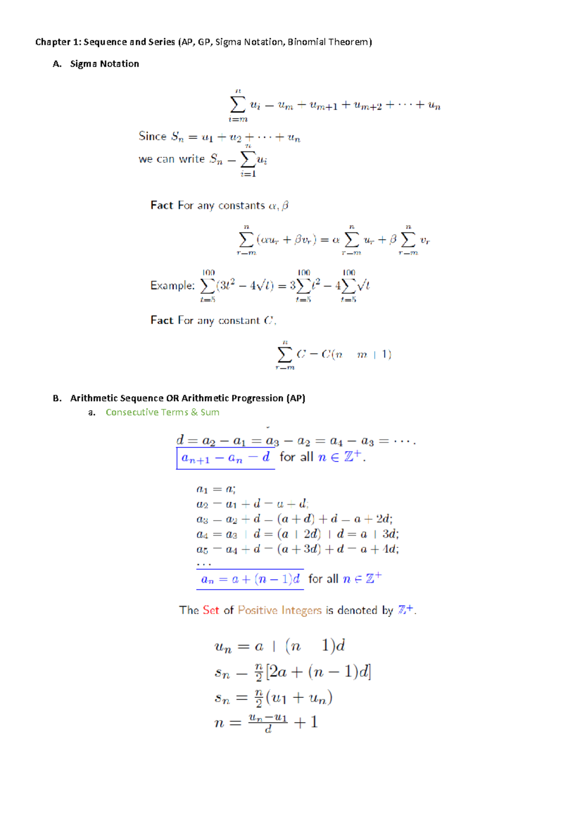 Math Formulas Cheat Sheet: Sequences, Derivatives & Integrals (MATH101 ...