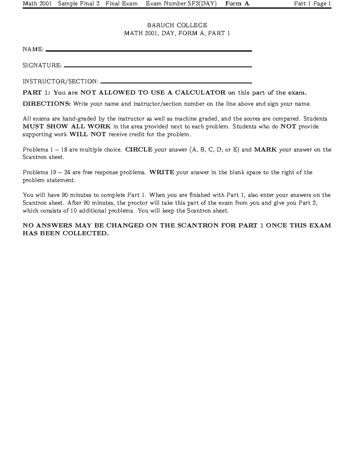 MTH 2001 Sample Final Exam SF2(DAY) Form A Part 1 & 2 - Studocu