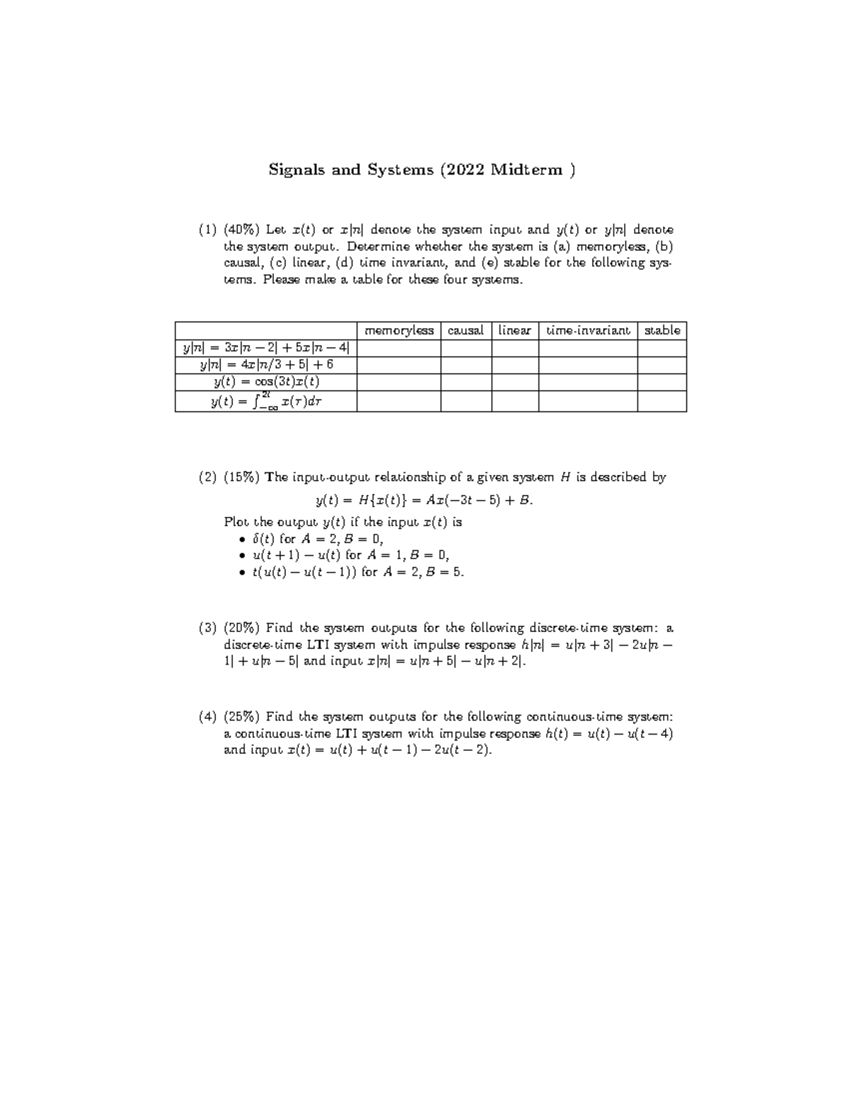 Signals and Systems (2022 Midterm) - System Properties Analysis - Studocu