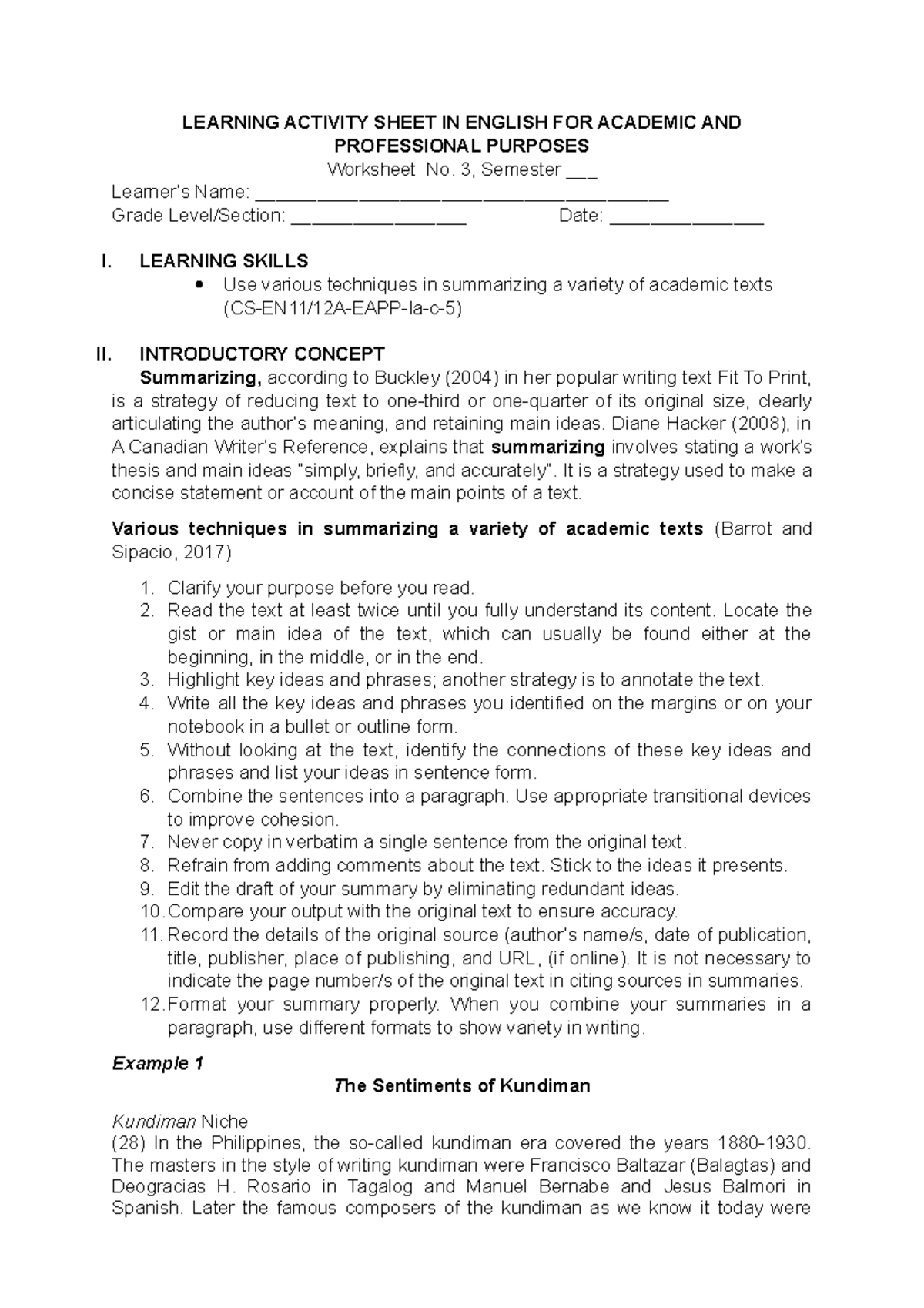 EAPP-Worksheet No. 3: Techniques for Summarizing Academic Texts - Studocu