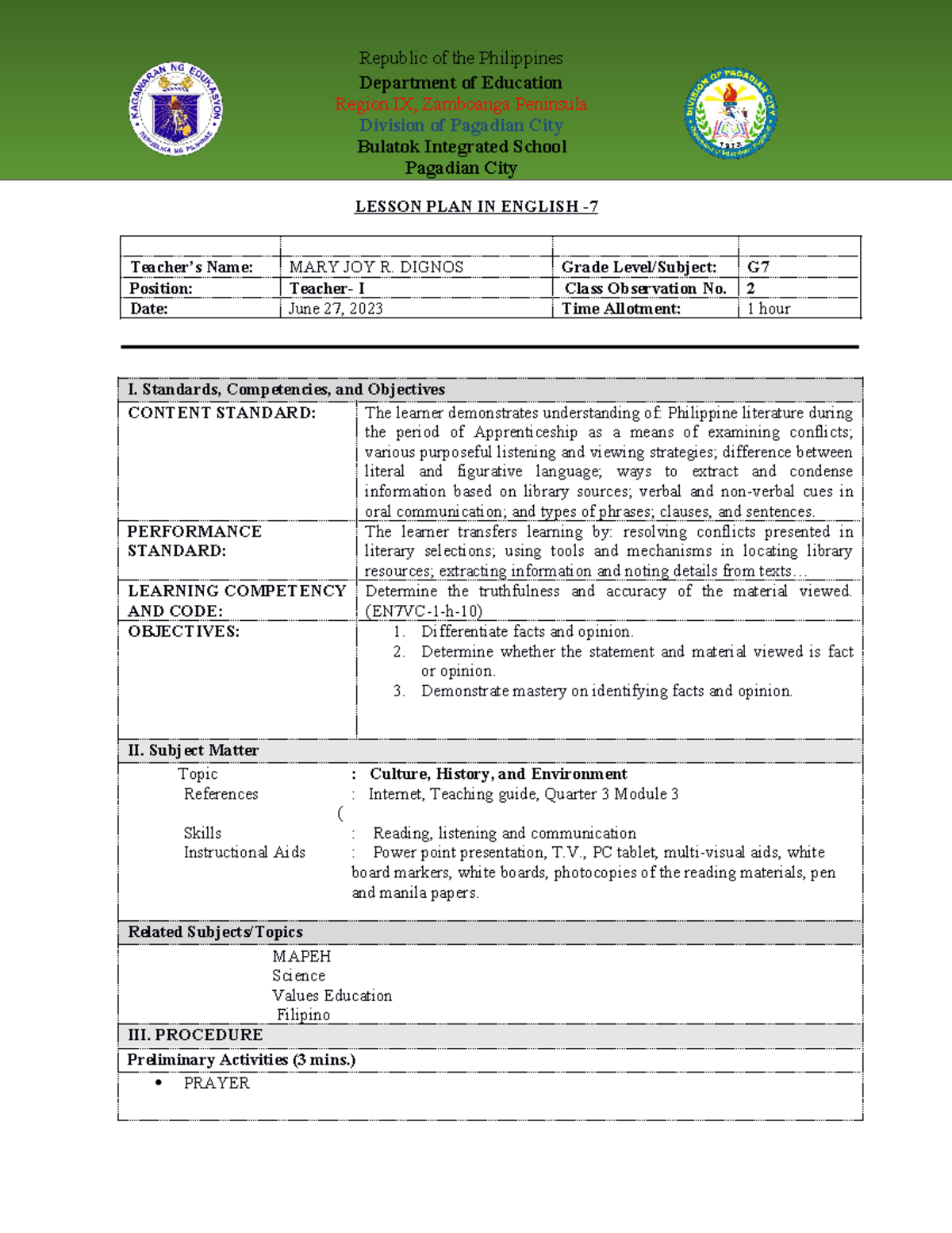 COT2 MAY 25,2023 - CLASSROOM OBSERVATION - LESSON PLAN IN ENGLISH ...
