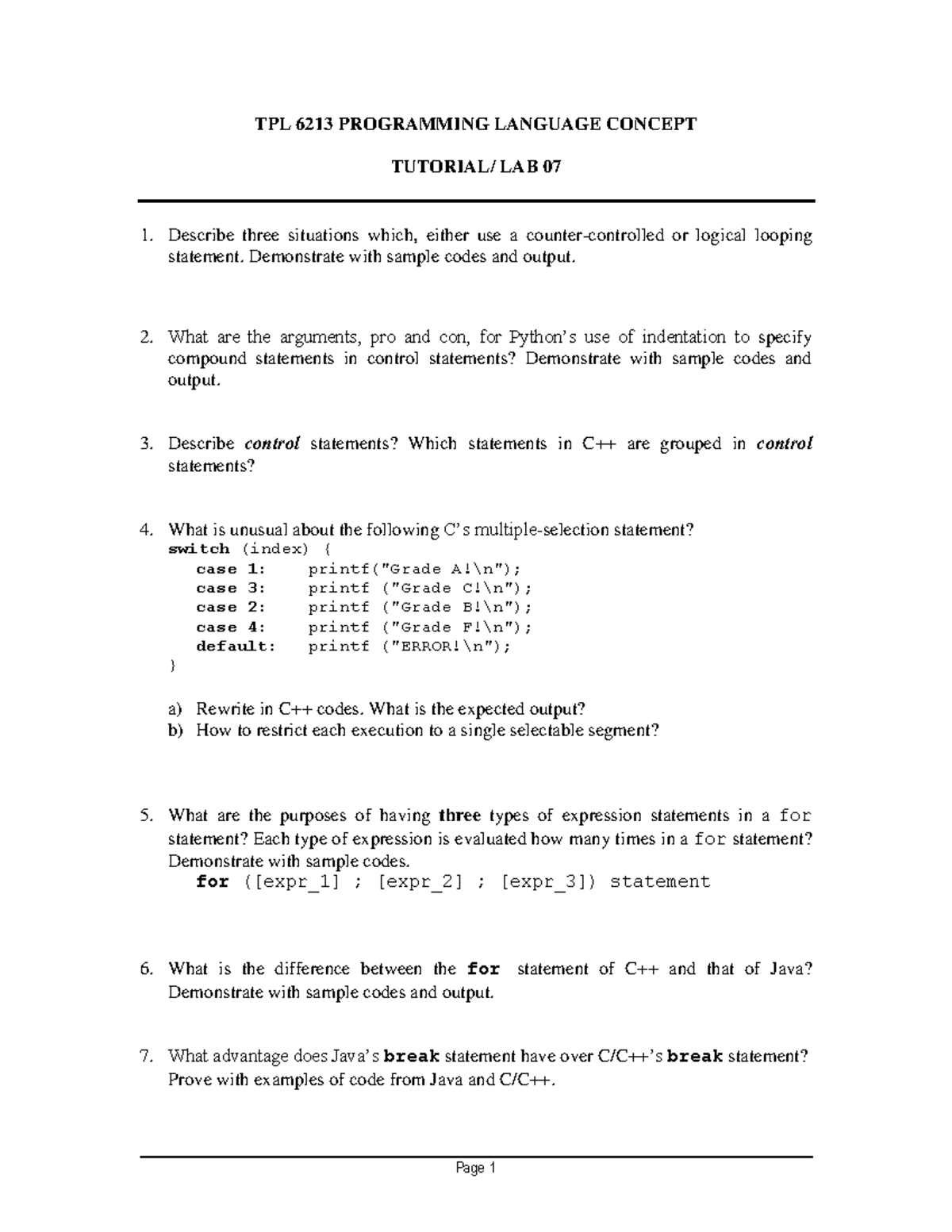 Lab 07 - dafd - Page 1 TPL 6213 PROGRAMMING LANGUAGE CONCEPT TUTORIAL ...