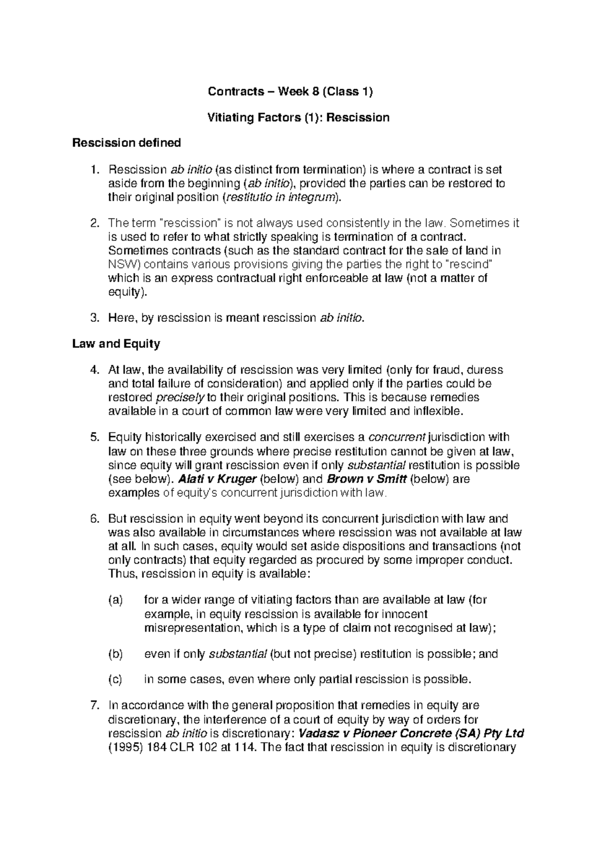 Contracts-Week 8-Rescission & Vitiating Factors Outline - Studocu