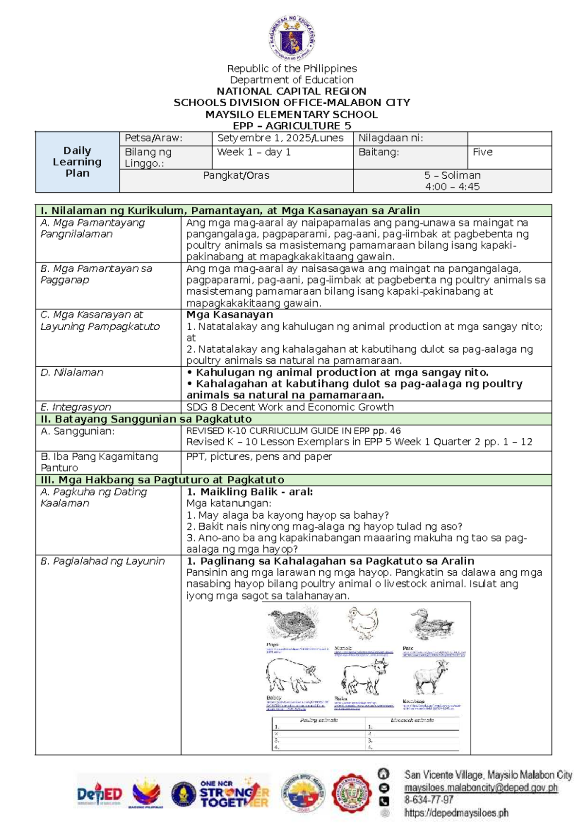 Daily Lesson Plan EPP 5 Week 1 Day 1: Animal Production Overview - Studocu