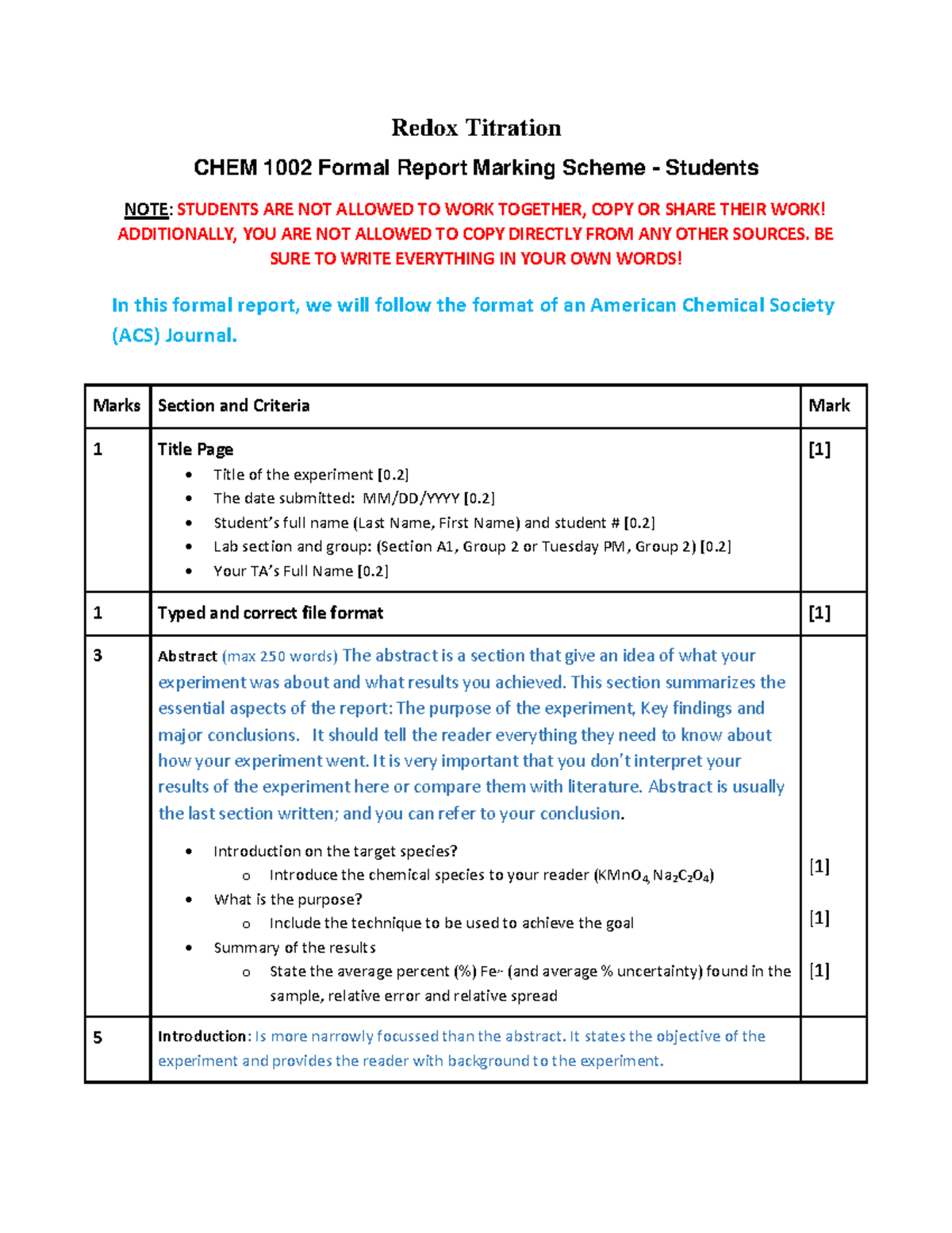 CHEM 1002 Redox Titration Formal Report Marking Scheme - Studocu