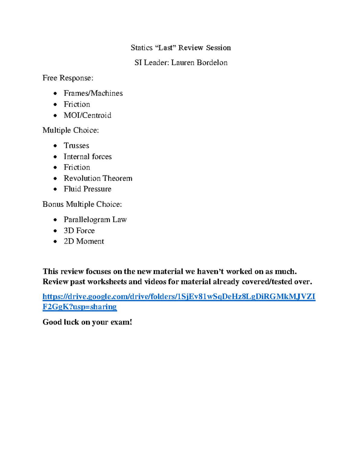 Statics Final Review Statics Last Review Session Si Leader Lauren