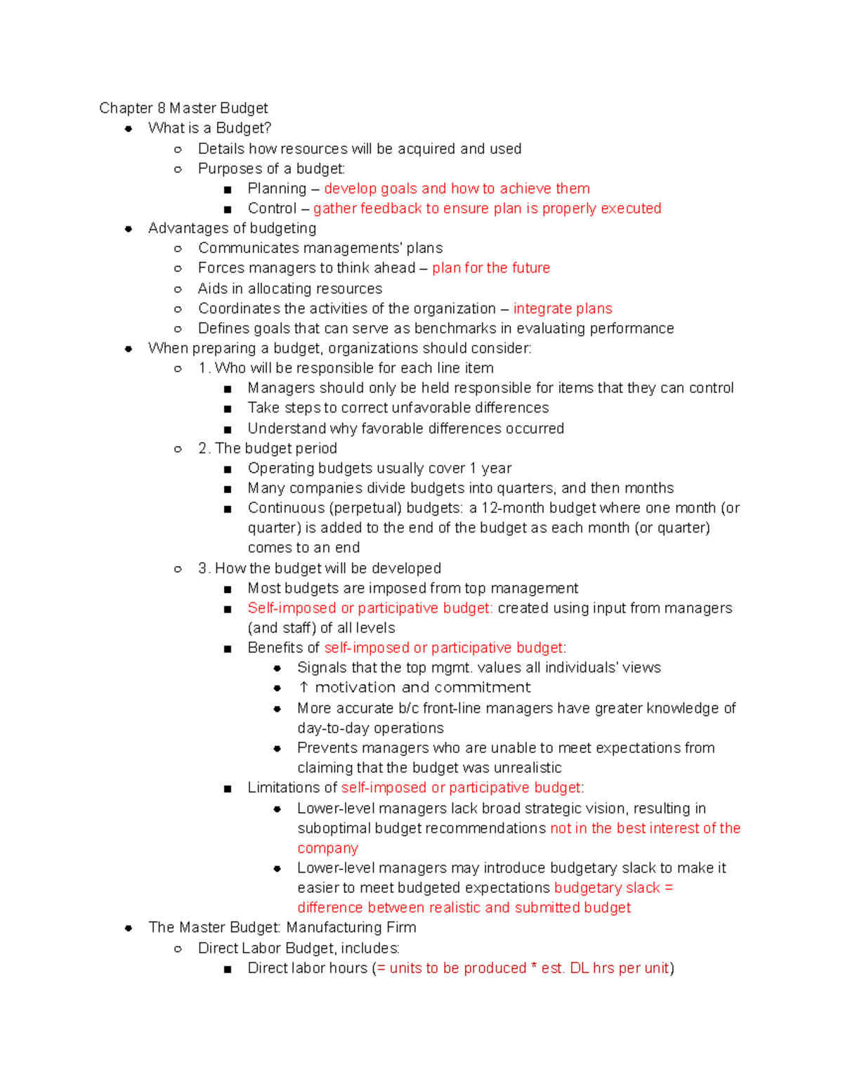 Accounting Final Study Guide - Chapter 8 Master Budget What is a Budget ...