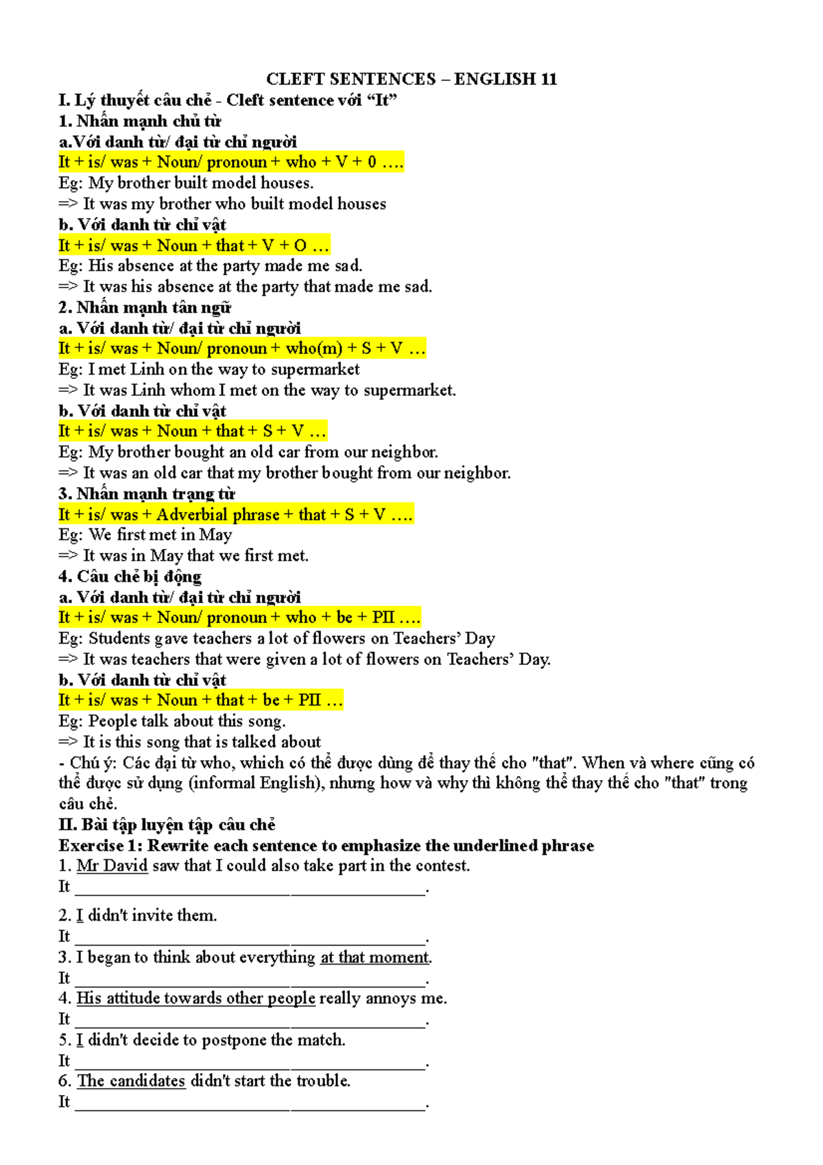 CLEFT SENTENCES - ENGLISH 11: Theory and Practice Exercises - Studocu